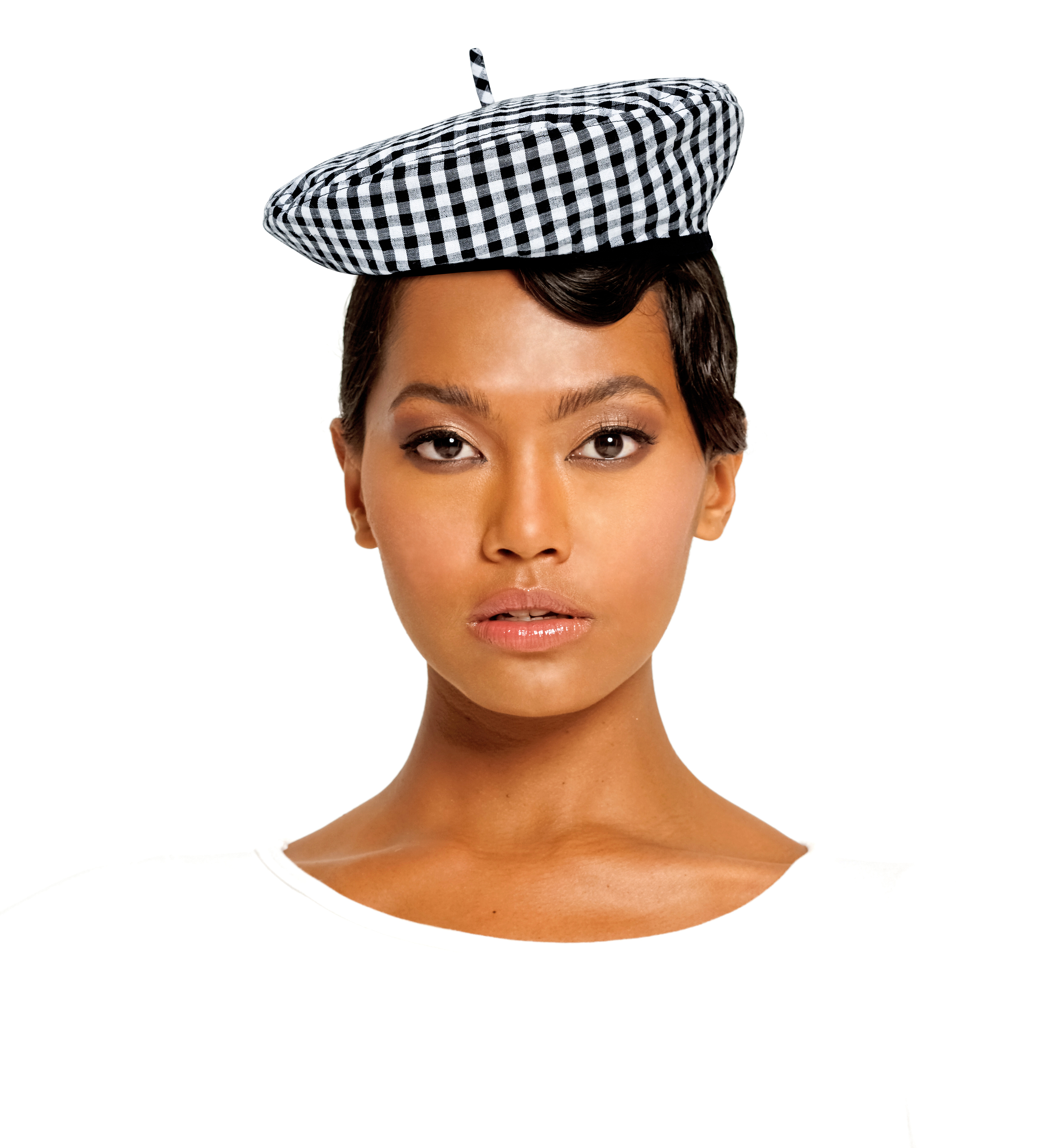 SIMONE Gingham Beret Hat in Black, made from soft gingham cotton with a comfy linen lining, showcasing its stylish design.