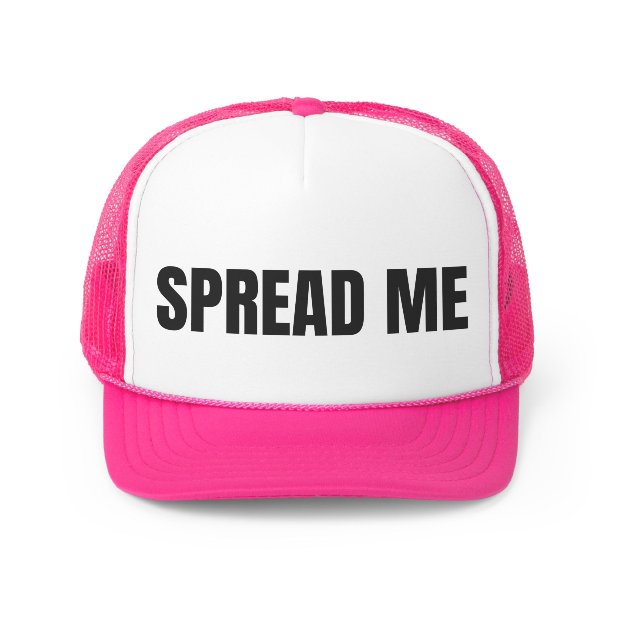 Spread Me Funny Trucker Hat featuring a humorous design with a comfortable polyester front and breathable mesh back.