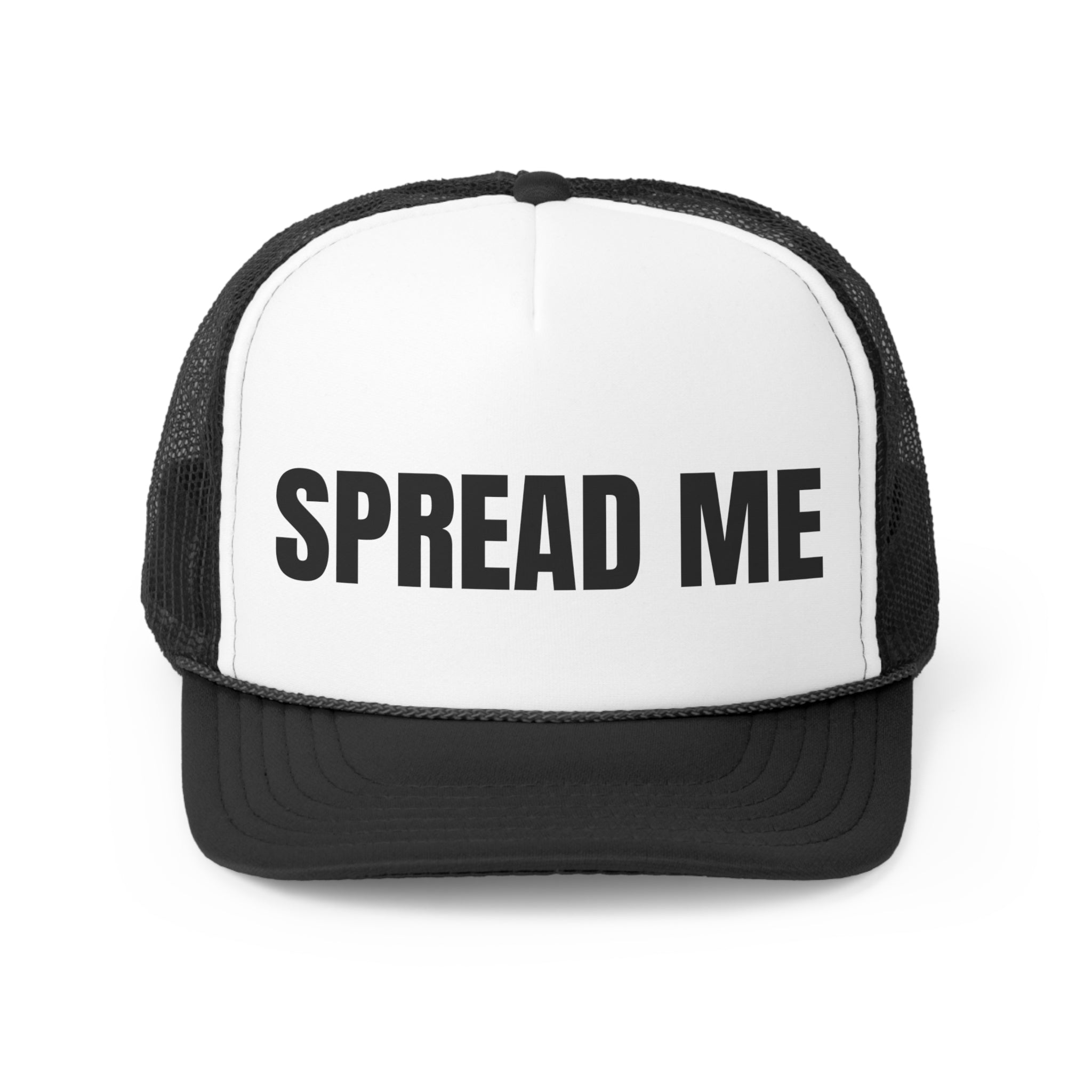 Spread Me Funny Trucker Hat featuring a humorous design with a comfortable polyester front and breathable mesh back.