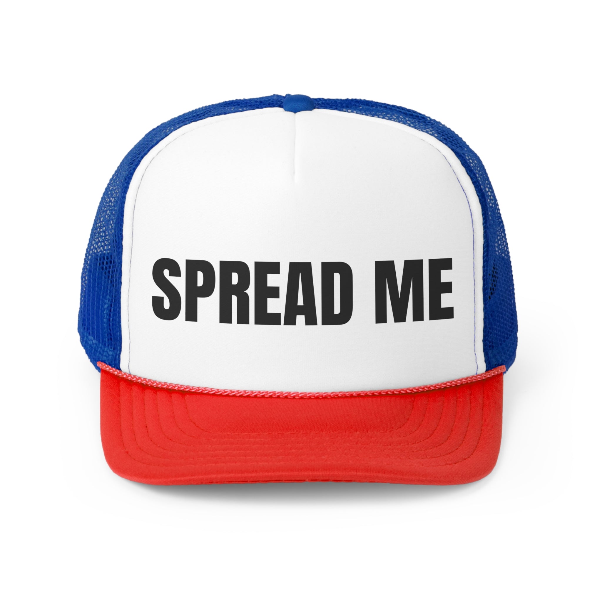 Spread Me Funny Trucker Hat featuring a humorous design with a comfortable polyester front and breathable mesh back.