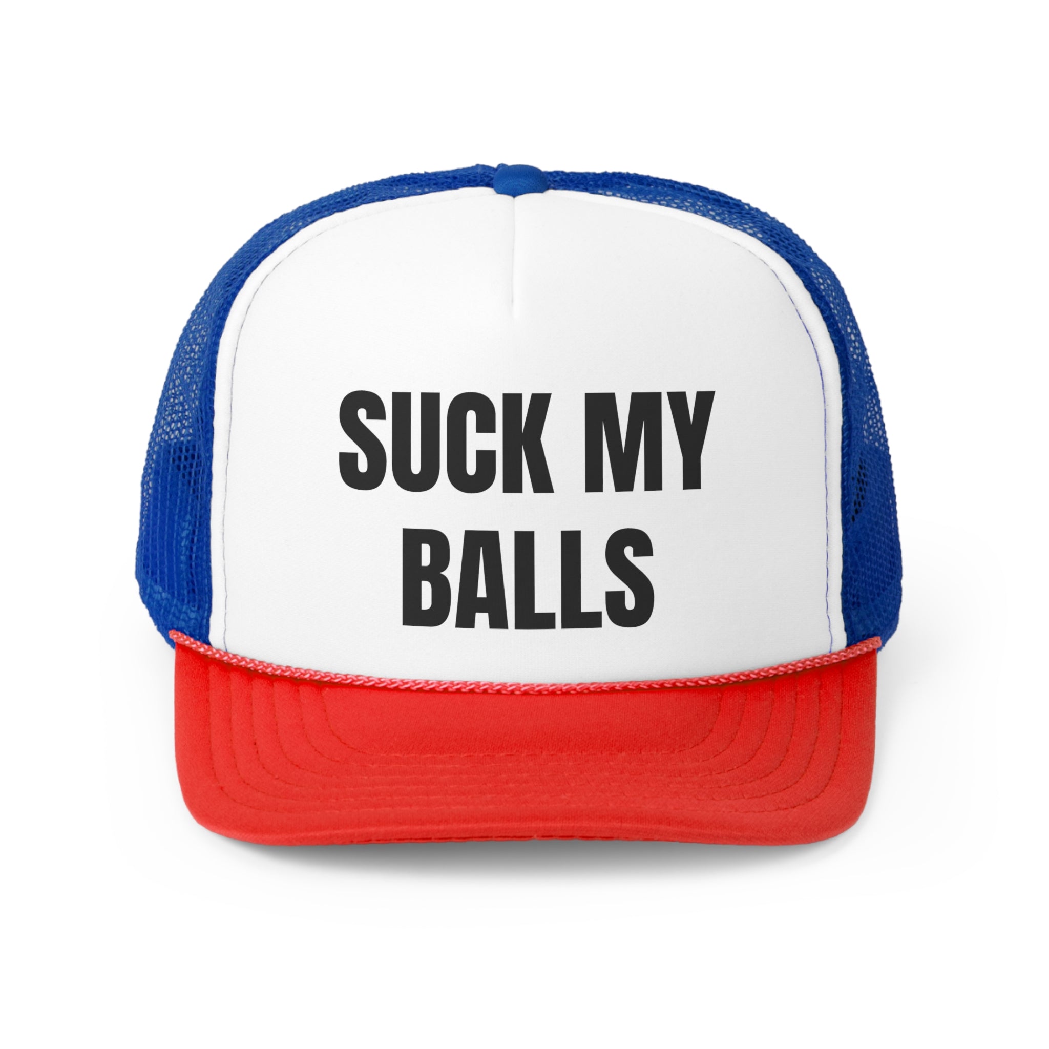 Suck My Balls Funny Trucker Hat featuring a humorous design with a comfortable fit, perfect for casual wear.