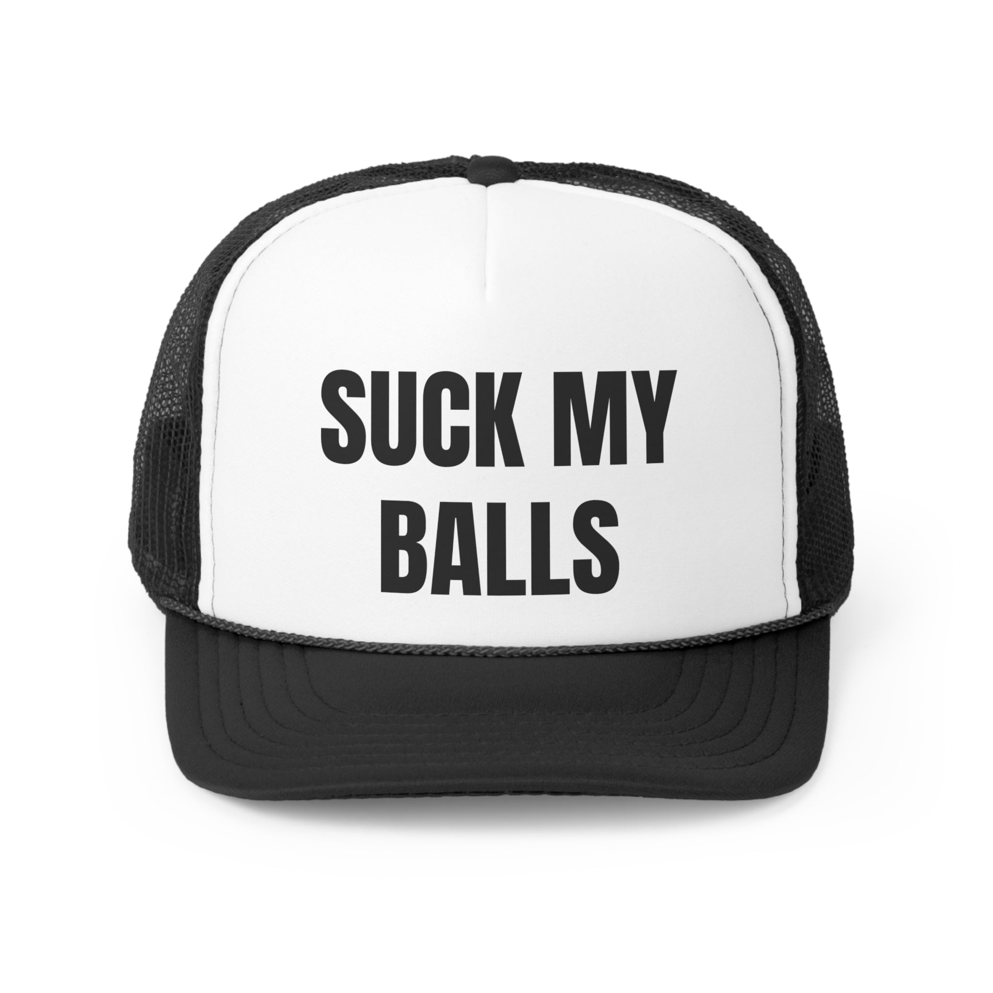 Suck My Balls Funny Trucker Hat featuring a humorous design with a comfortable fit, perfect for casual wear.