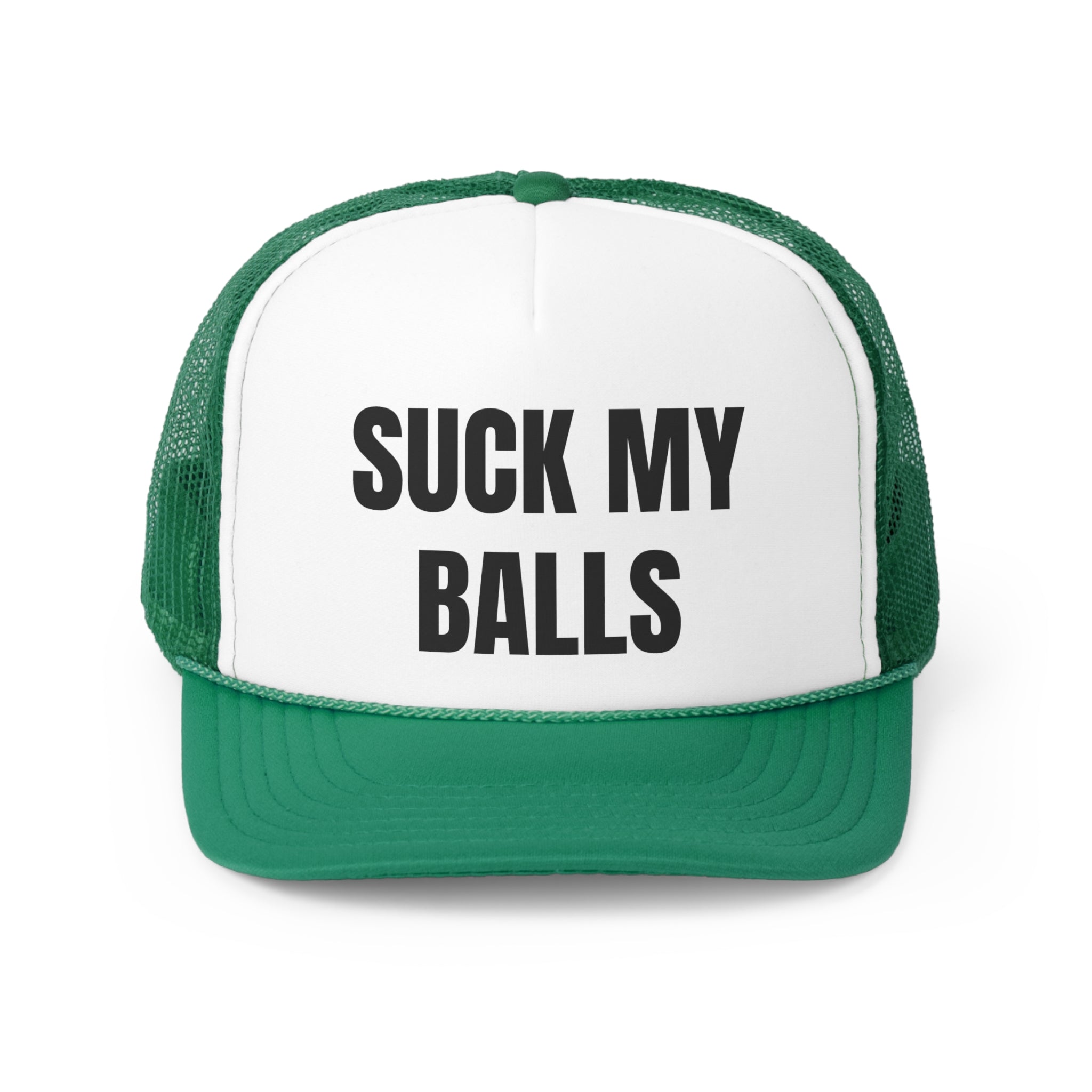 Suck My Balls Funny Trucker Hat featuring a humorous design with a comfortable fit, perfect for casual wear.