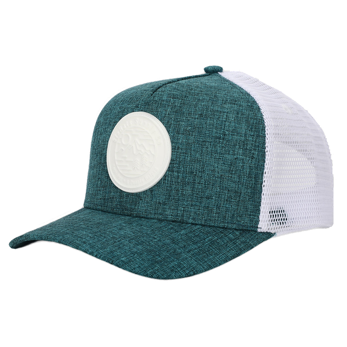 Teal Adventure Snapback hat featuring a hand-drawn mountain scene and grey mesh back for breathability.