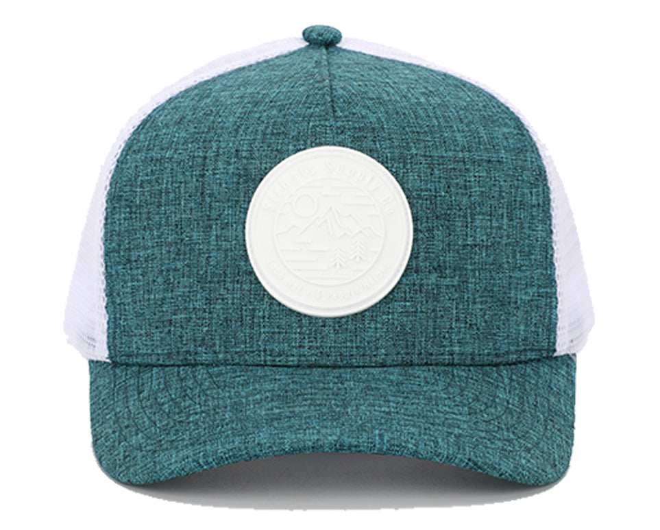 Teal Adventure Snapback hat featuring a hand-drawn mountain scene and grey mesh back for breathability.