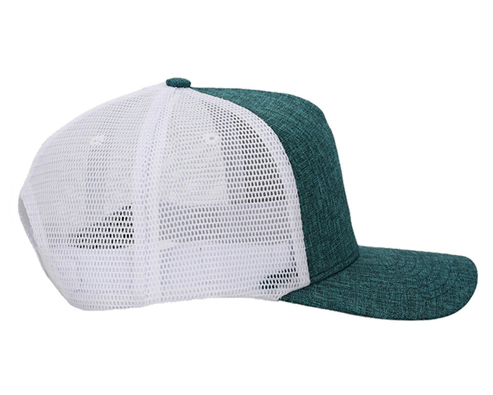 Teal Adventure Snapback hat featuring a hand-drawn mountain scene and grey mesh back for breathability.