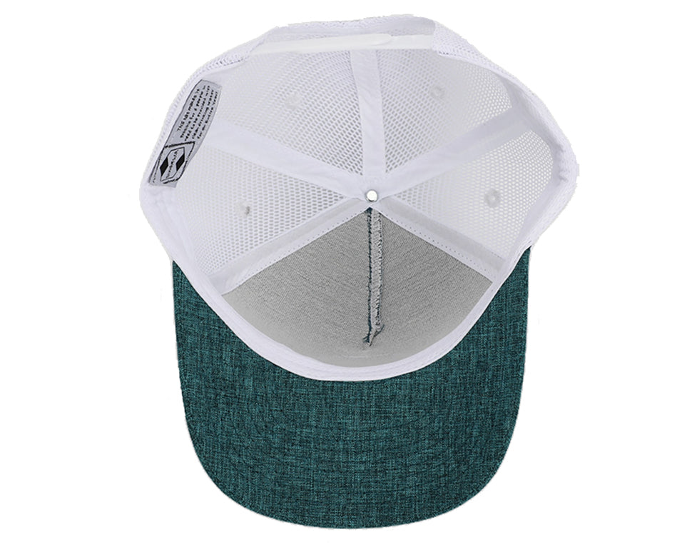 Teal Adventure Snapback hat featuring a hand-drawn mountain scene and grey mesh back for breathability.