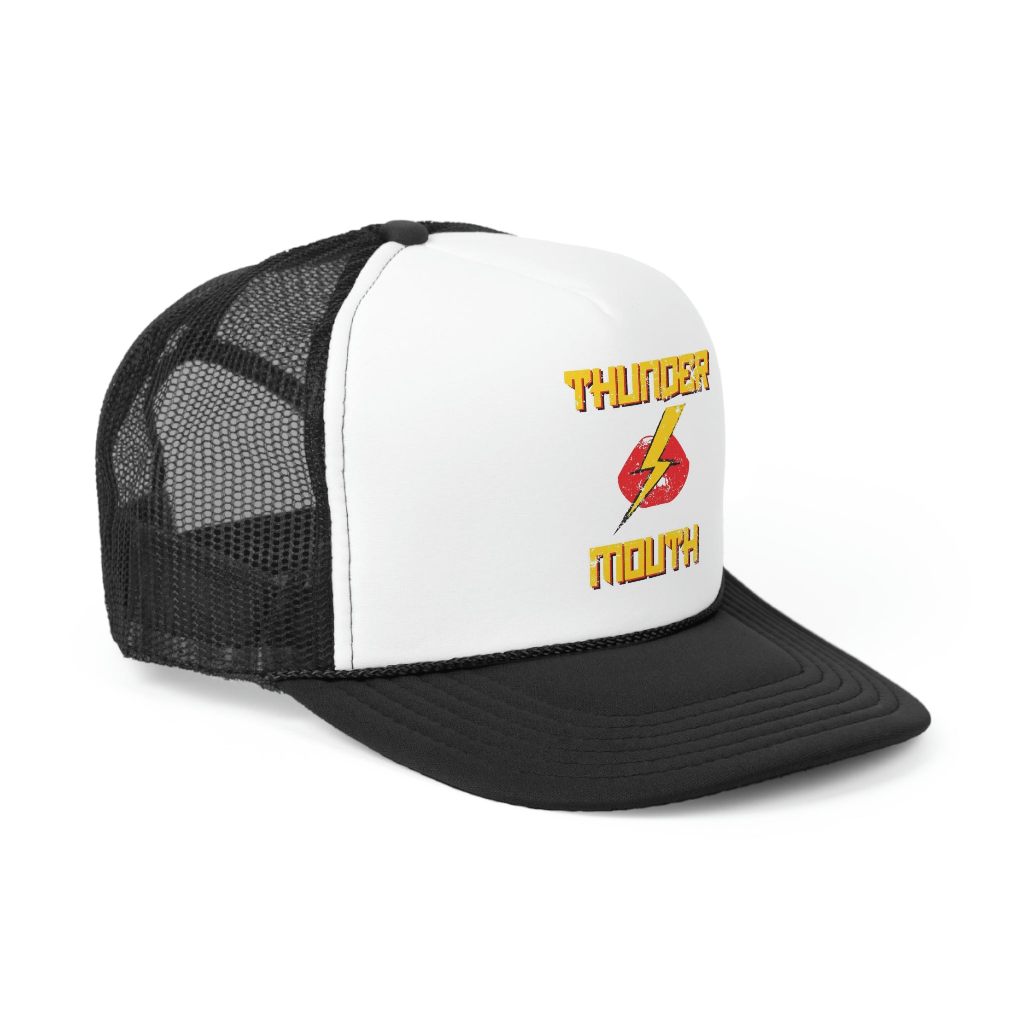 Thunder Mouth Trucker Hat featuring a durable polyester front and breathable nylon mesh back, adjustable snap closure.