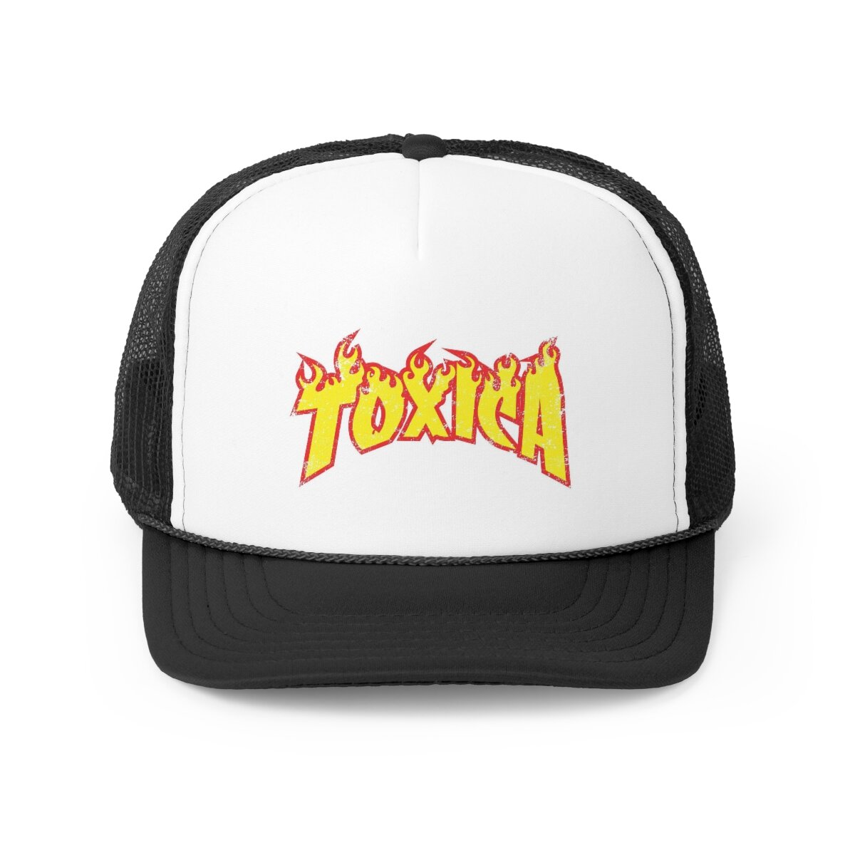 Toxica Trucker Hat featuring a durable polyester front and breathable nylon mesh back, designed for comfort and style.