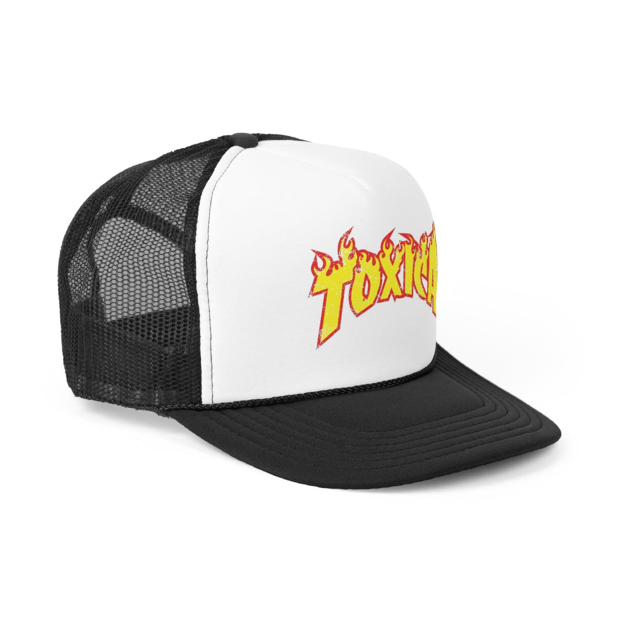 Toxica Trucker Hat featuring a durable polyester front and breathable nylon mesh back, designed for comfort and style.