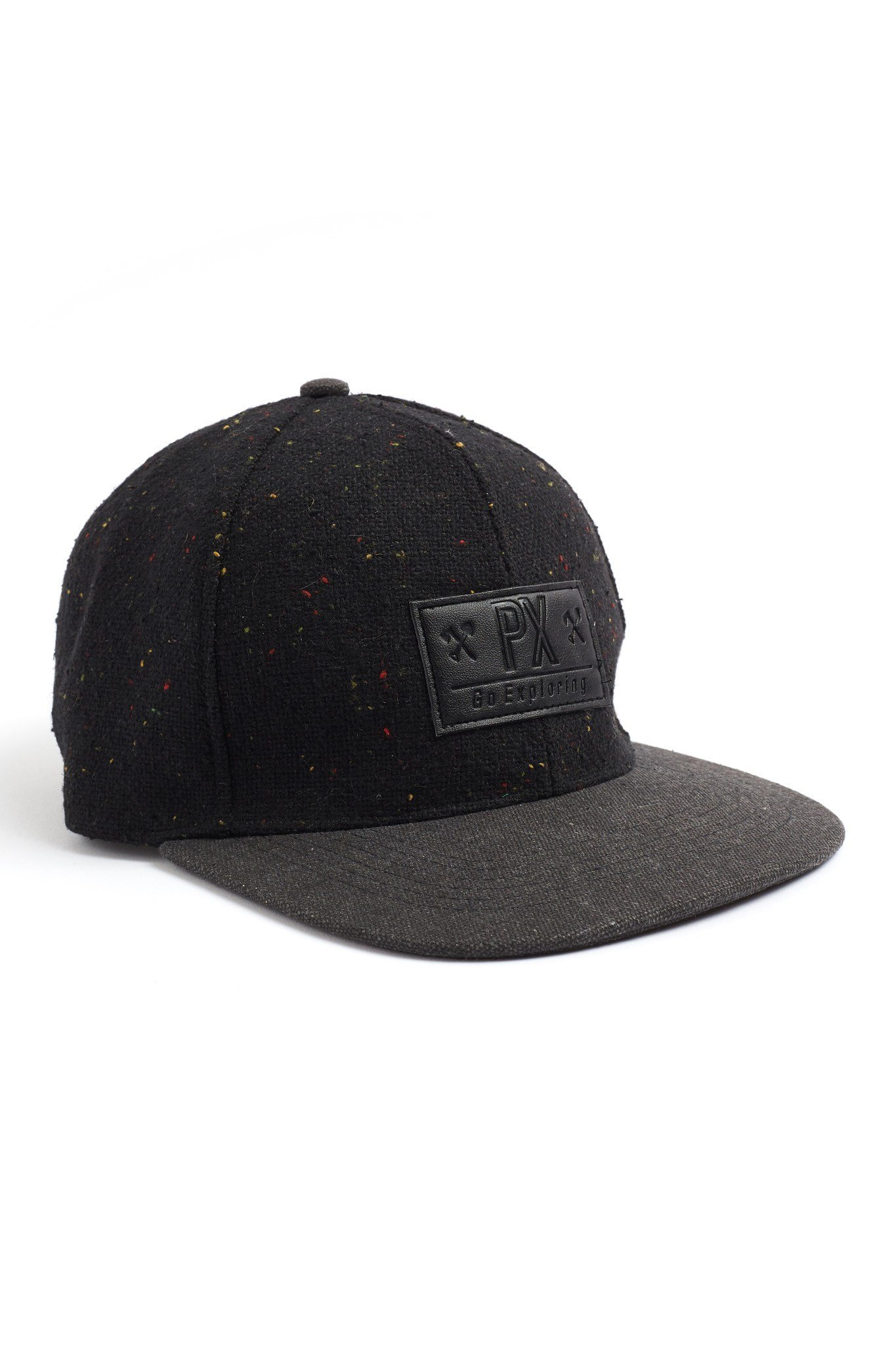 Travis Flat Brim Speckle Hat with leather adjustment strap, showcasing a trendy speckled design, perfect for outdoor adventures.