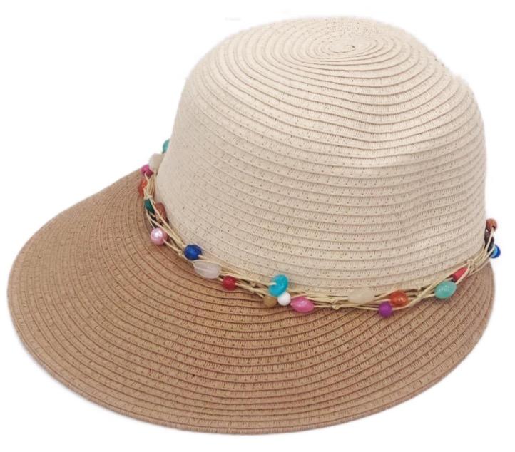 Two-tone beaded visor hat with adjustable drawstring and 4-inch brim, perfect for sun protection.