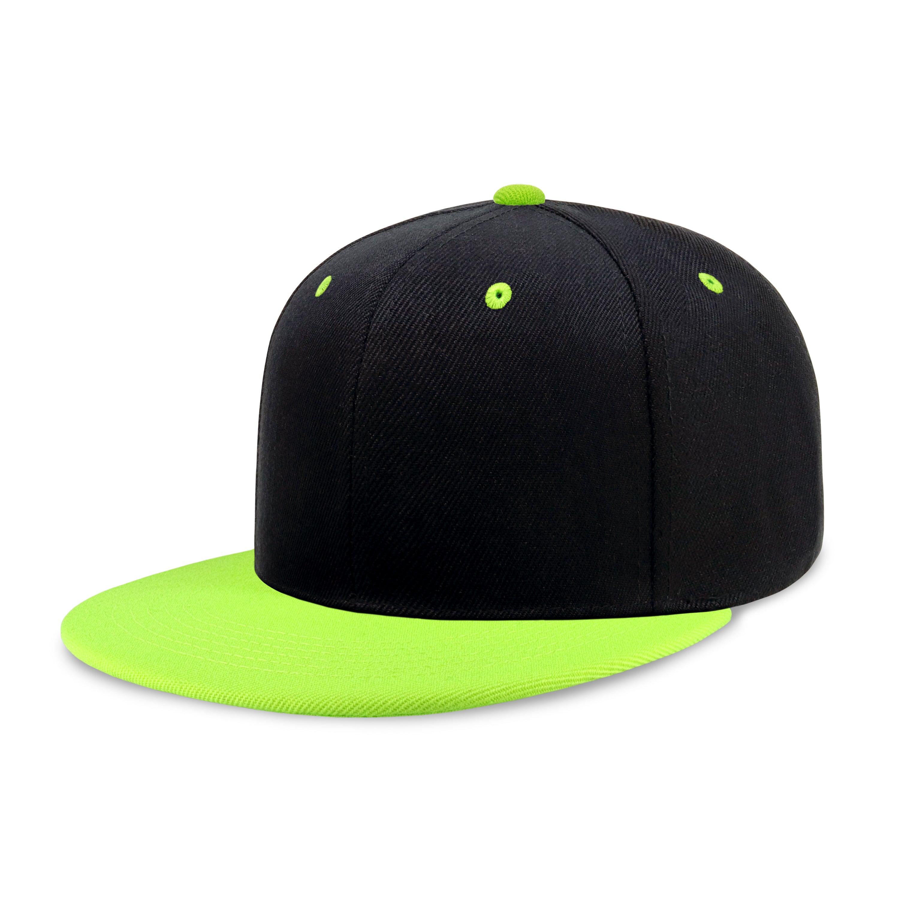 Two-Tone Edge Flat Bill cap featuring a structured high profile design and adjustable snap closure in various colors.