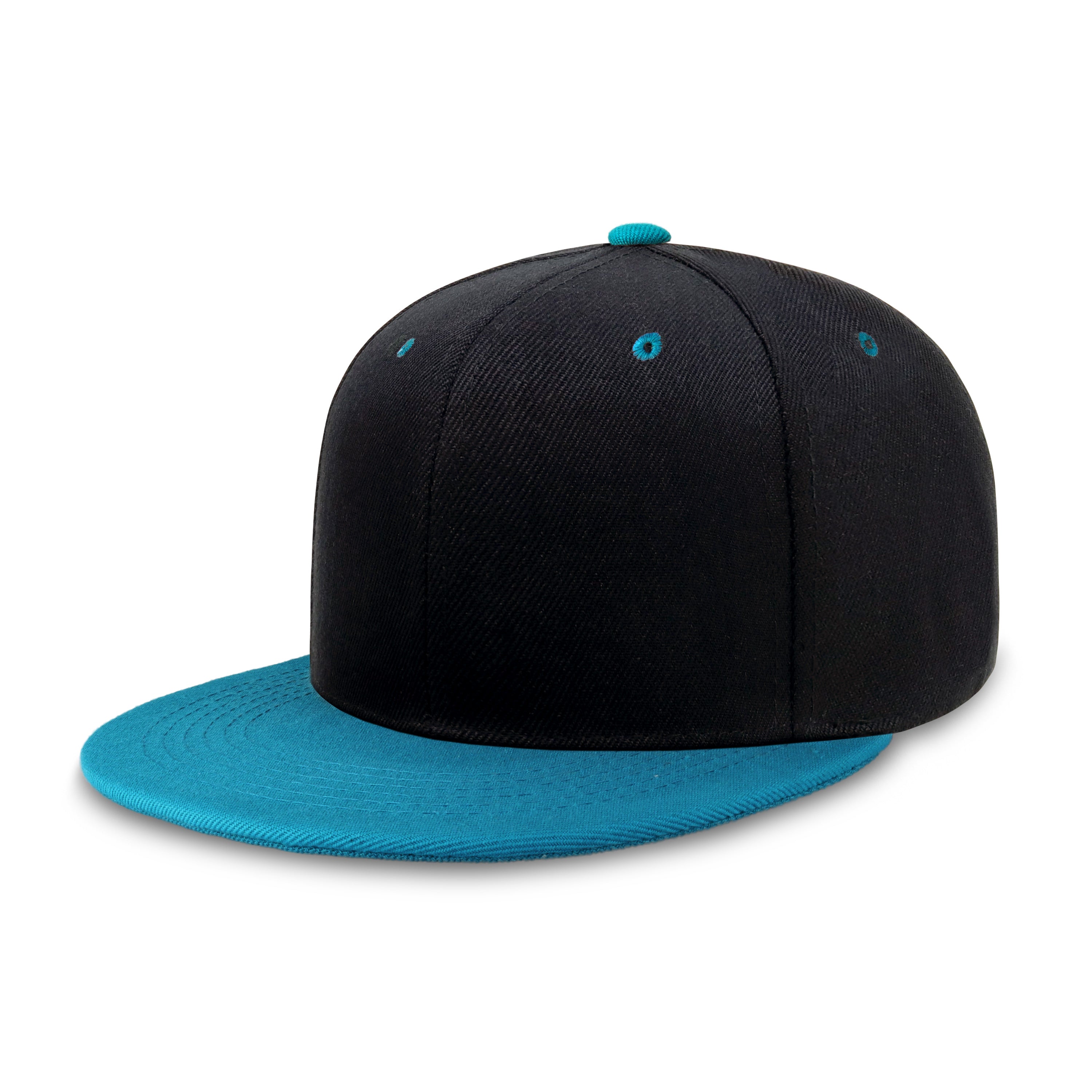 Two-Tone Edge Flat Bill cap featuring a structured high profile design and adjustable snap closure in various colors.