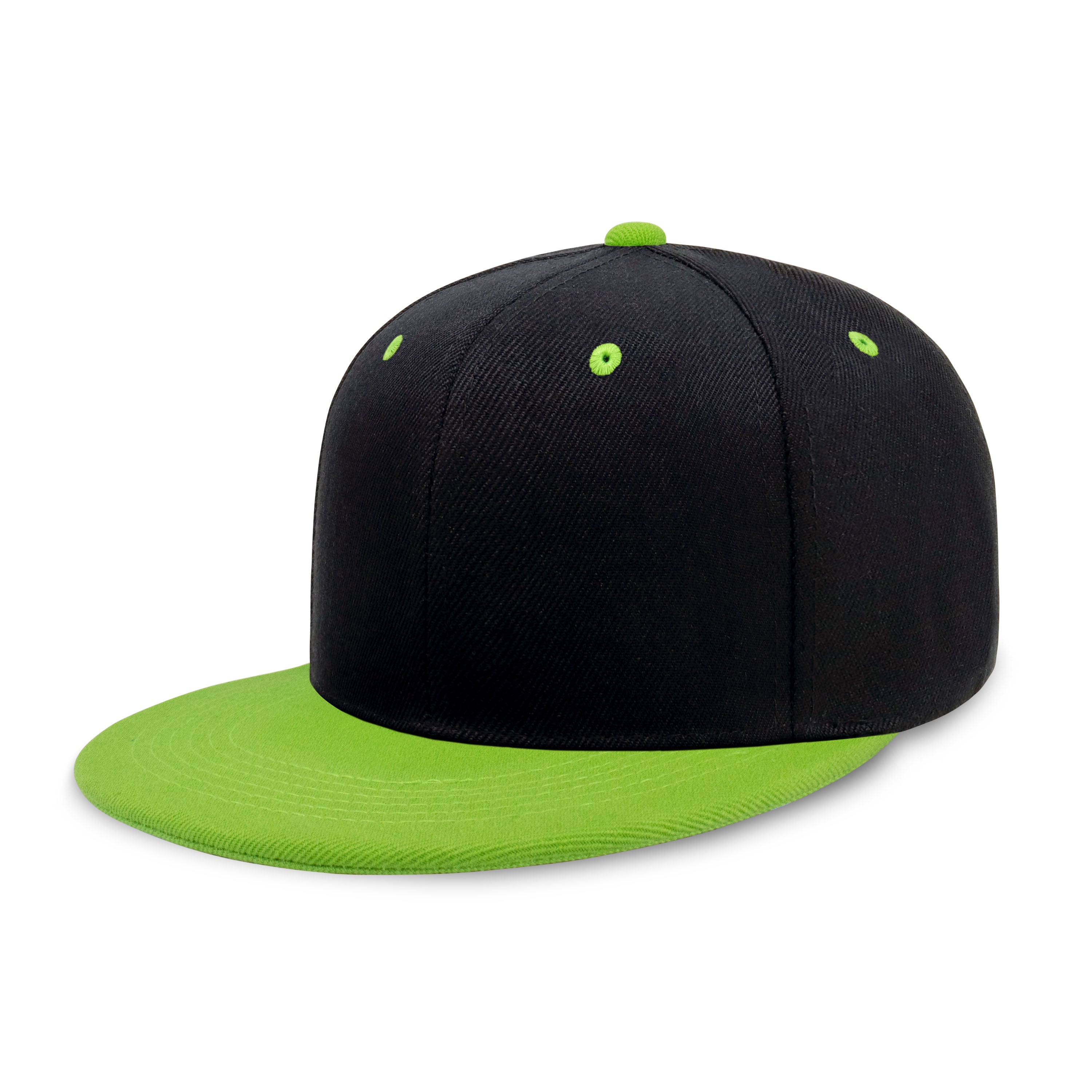 Two-Tone Edge Flat Bill cap featuring a structured high profile design and adjustable snap closure in various colors.