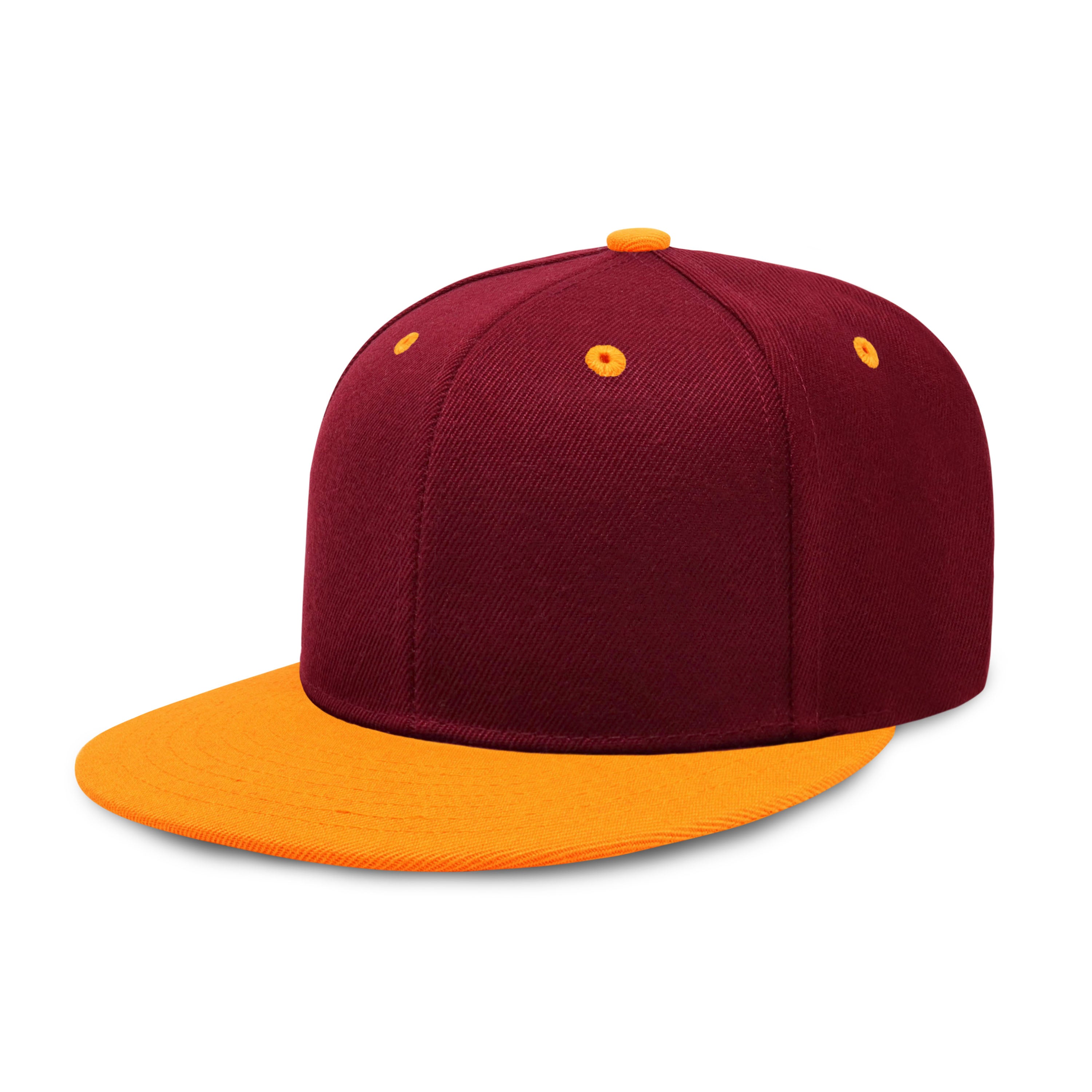 Two-Tone Edge Flat Bill cap featuring a structured high profile design and adjustable snap closure in various colors.