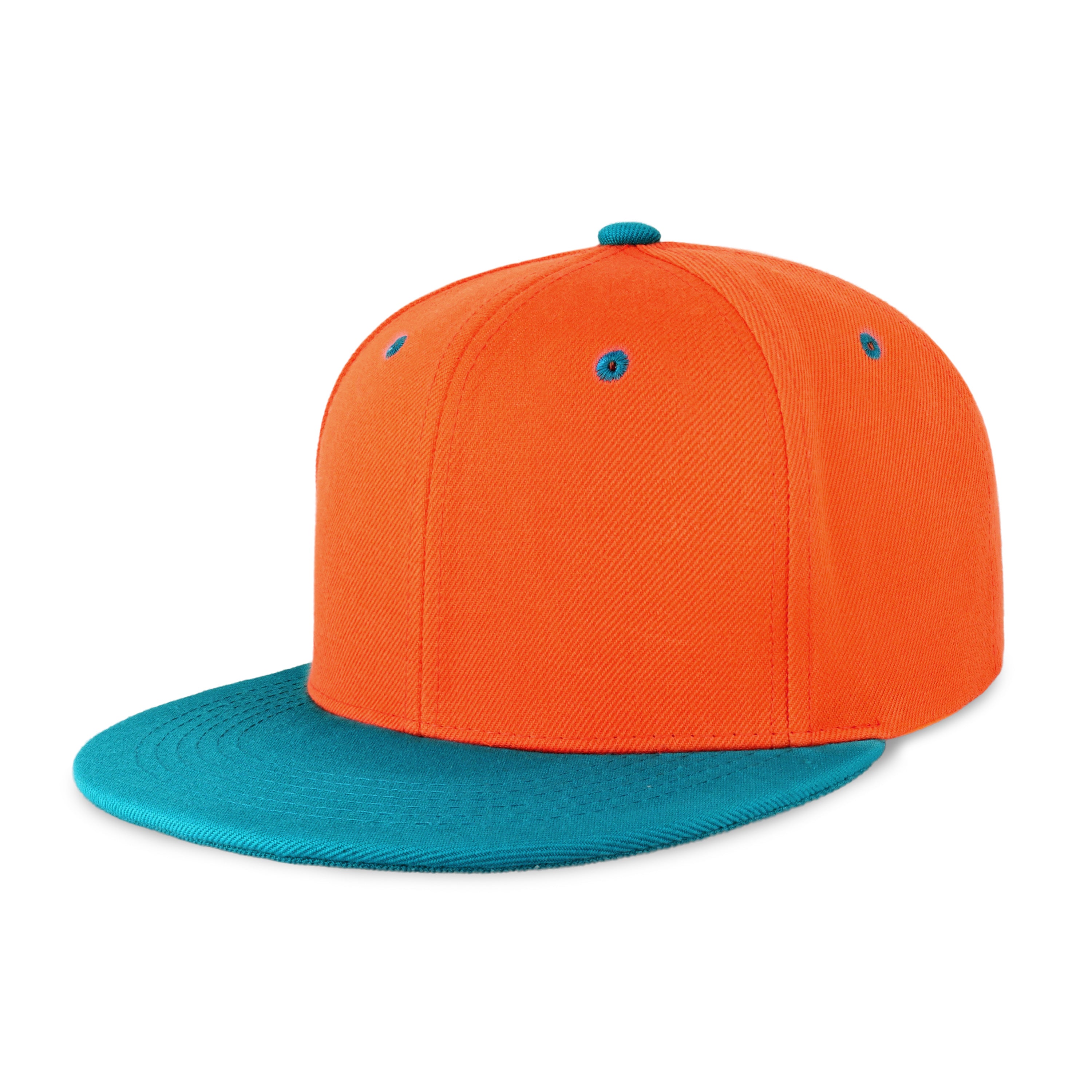 Two-Tone Edge Flat Bill cap featuring a structured high profile design and adjustable snap closure in various colors.