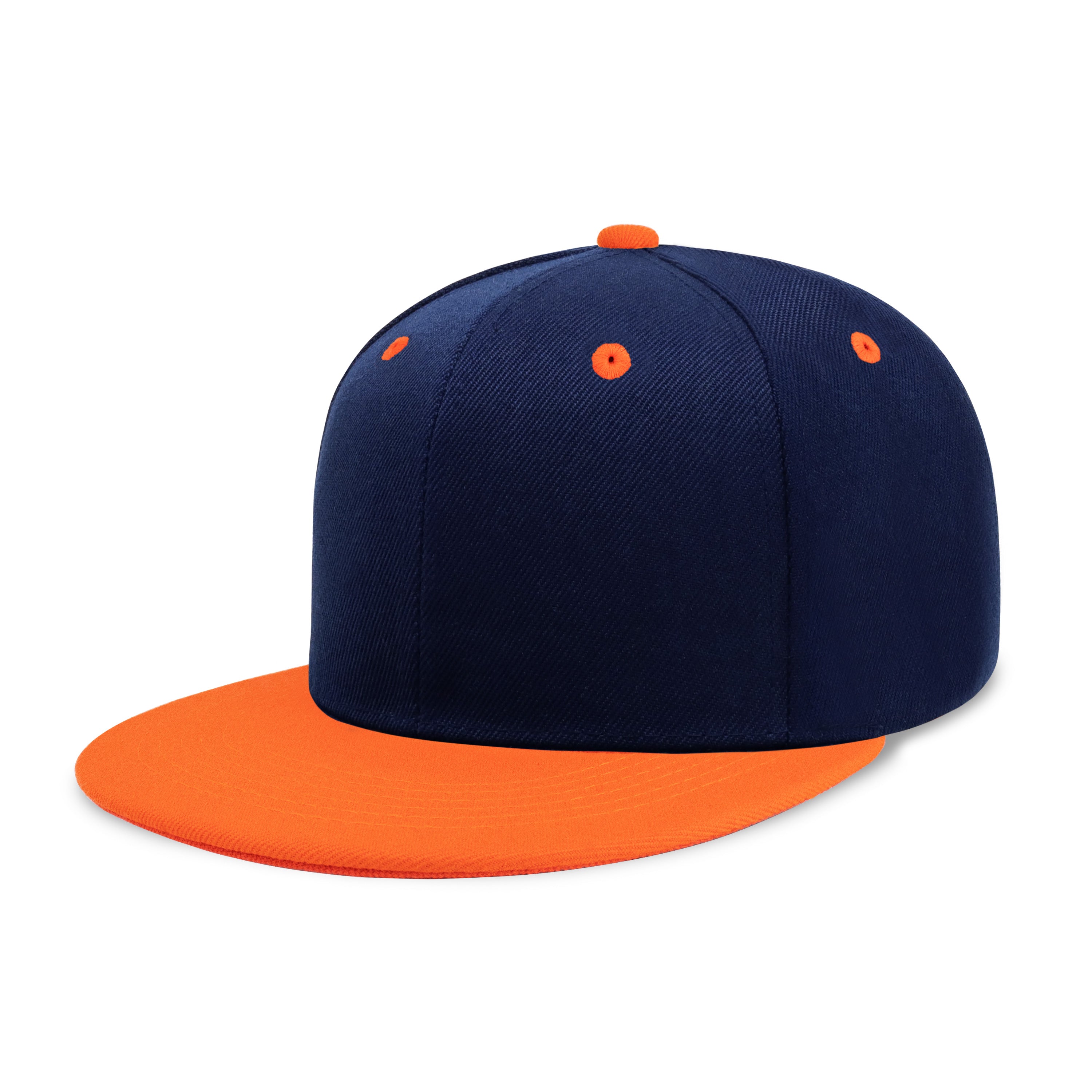 Two-Tone Edge Flat Bill cap featuring a structured high profile design and adjustable snap closure in various colors.