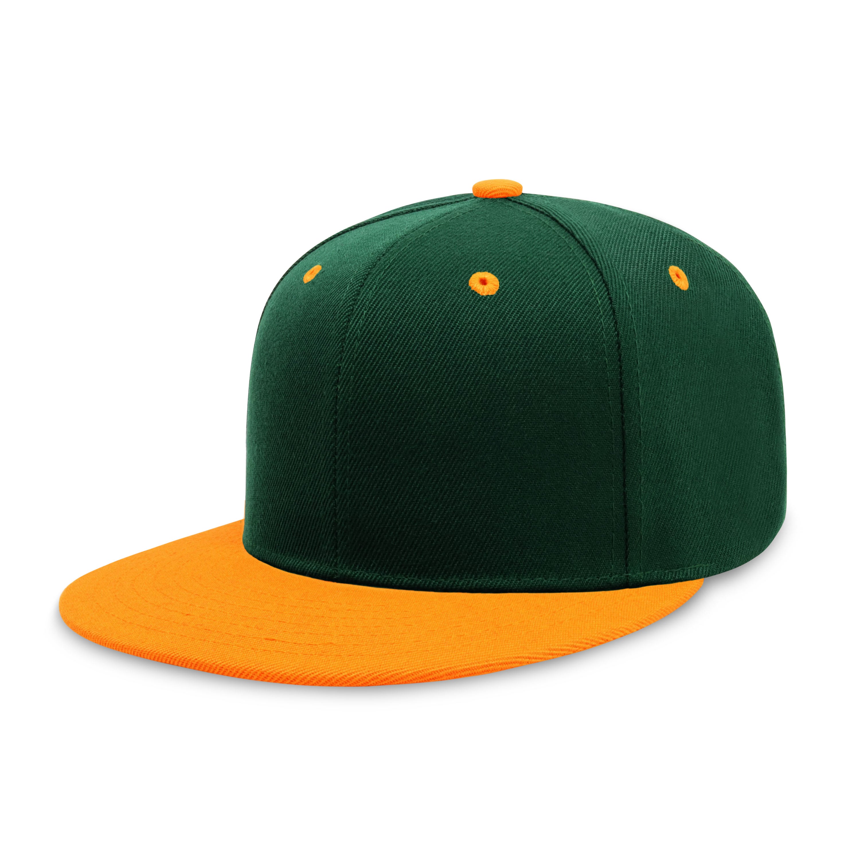 Two-Tone Edge Flat Bill cap featuring a structured high profile design and adjustable snap closure in various colors.