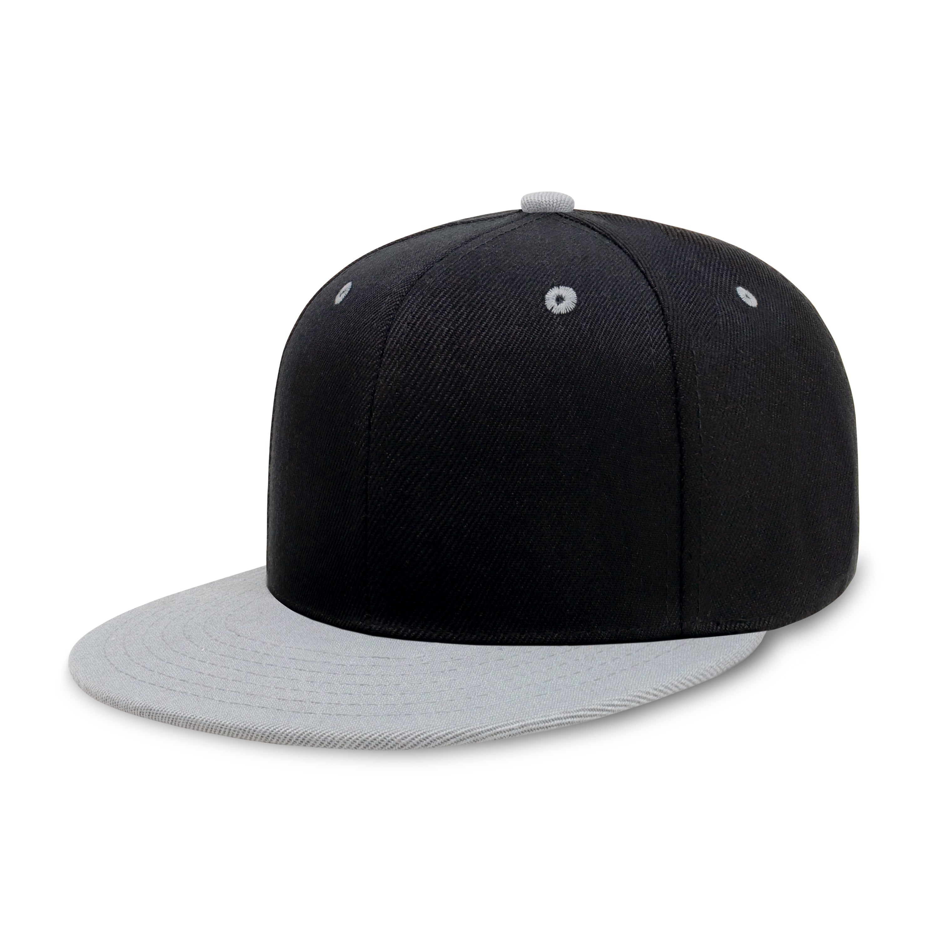 Two-Tone Edge Flat Bill cap featuring a structured high profile design and adjustable snap closure in various colors.