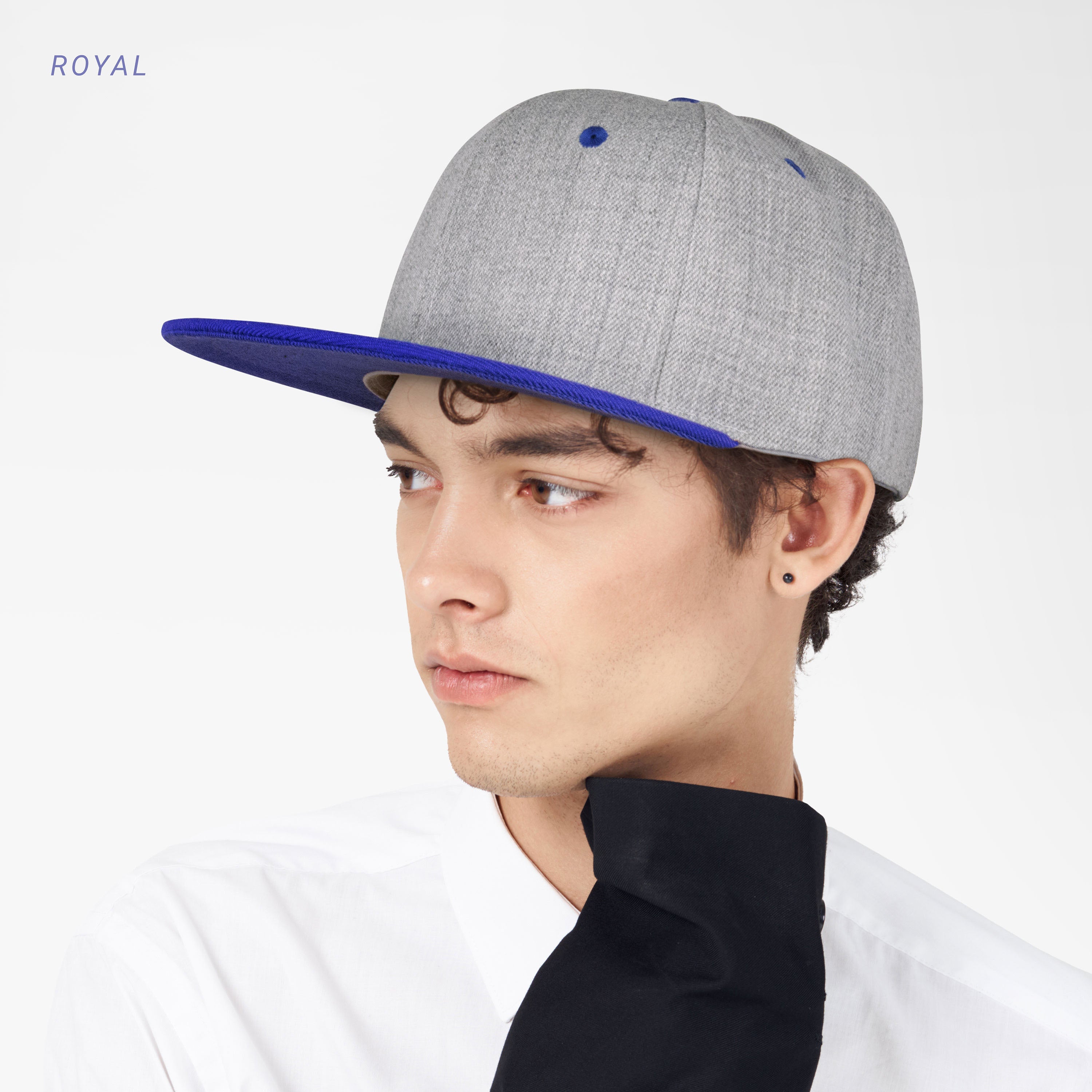 Two-Tone Heather Grey Flat Bill cap with structured fit and adjustable snap closure, perfect for outdoor activities.