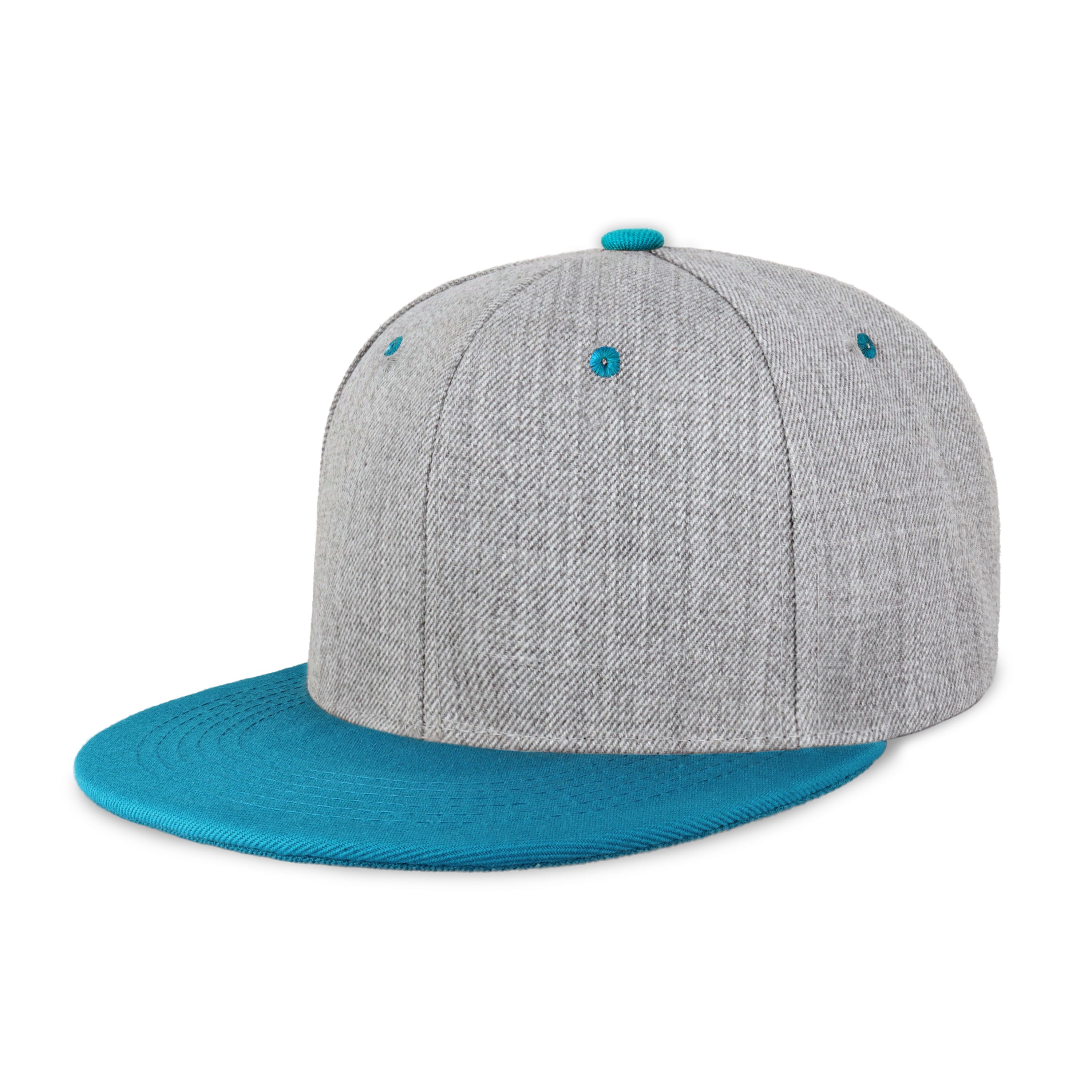 Two-Tone Heather Grey Flat Bill cap with structured fit and adjustable snap closure, perfect for outdoor activities.