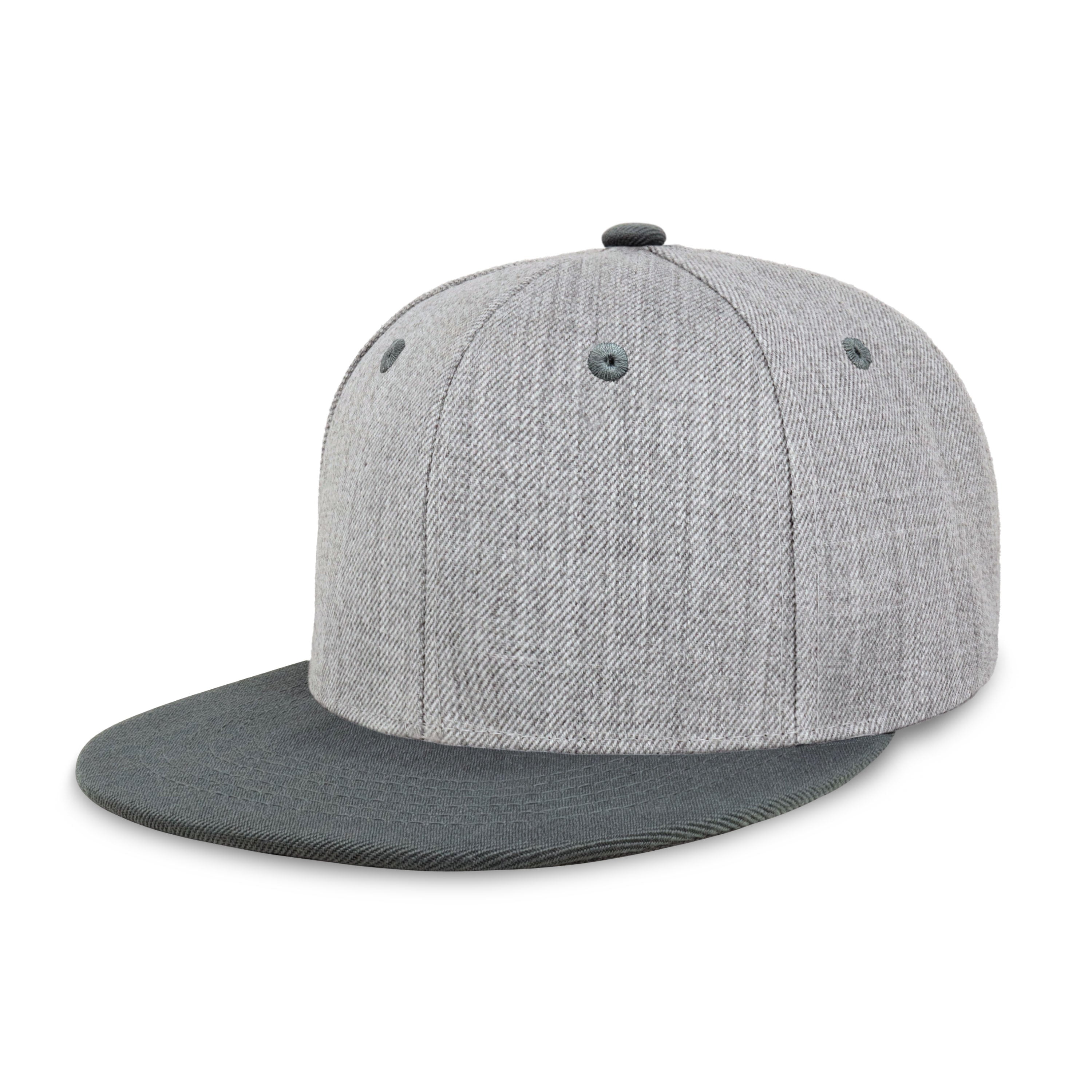 Two-Tone Heather Grey Flat Bill cap with structured fit and adjustable snap closure, perfect for outdoor activities.