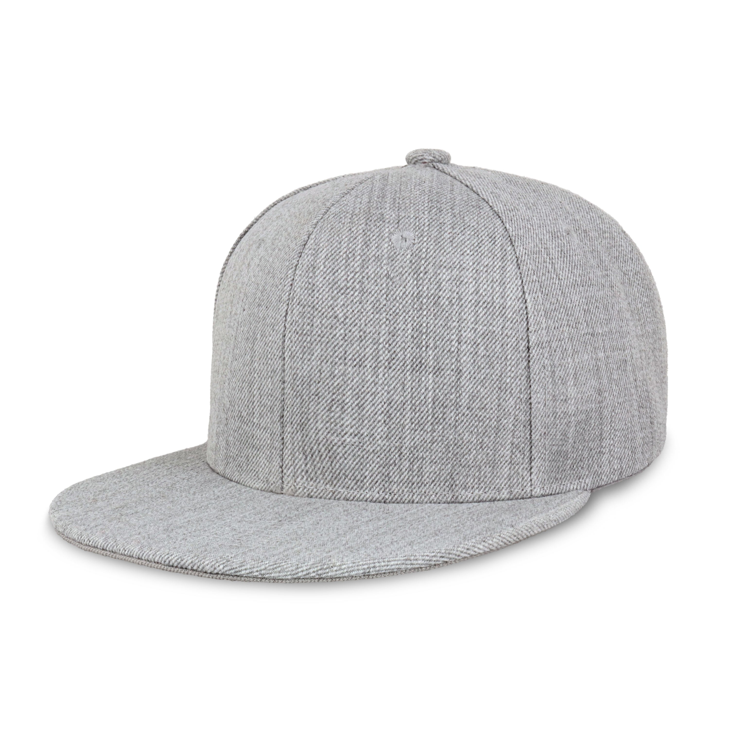 Two-Tone Heather Grey Flat Bill cap with structured fit and adjustable snap closure, perfect for outdoor activities.