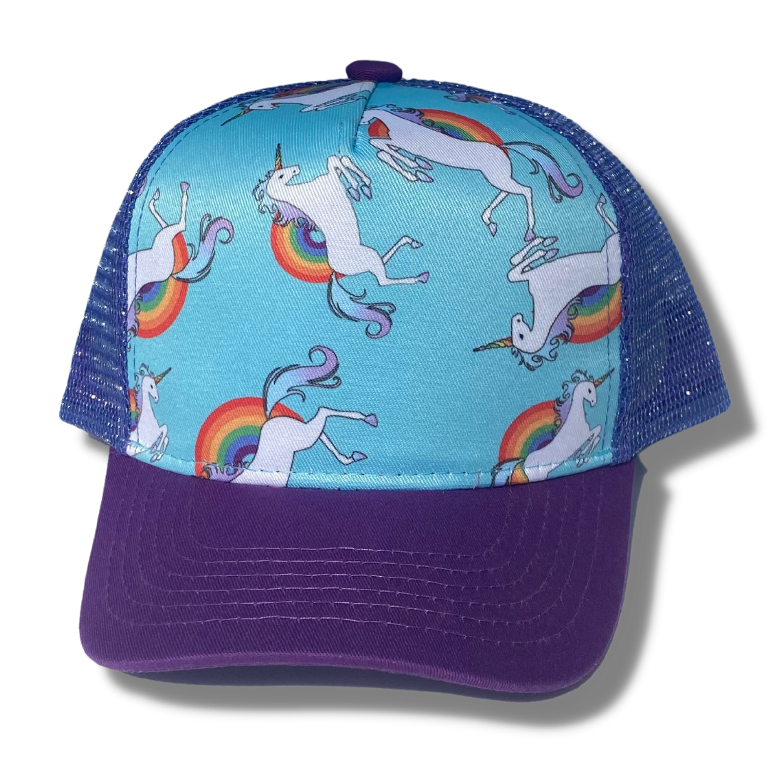 Unicorn Sparkle Trucker Hat with teal background, sparkly purple mesh, and dark purple visor, featuring a whimsical unicorn print.