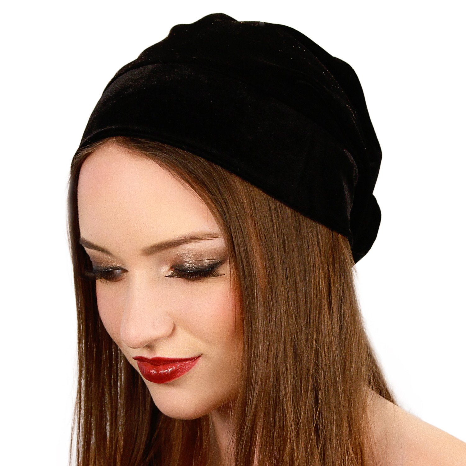 A stylish velvet beanie in a slouchy design, showcasing its soft texture and fitted base, perfect for fall and winter wear.