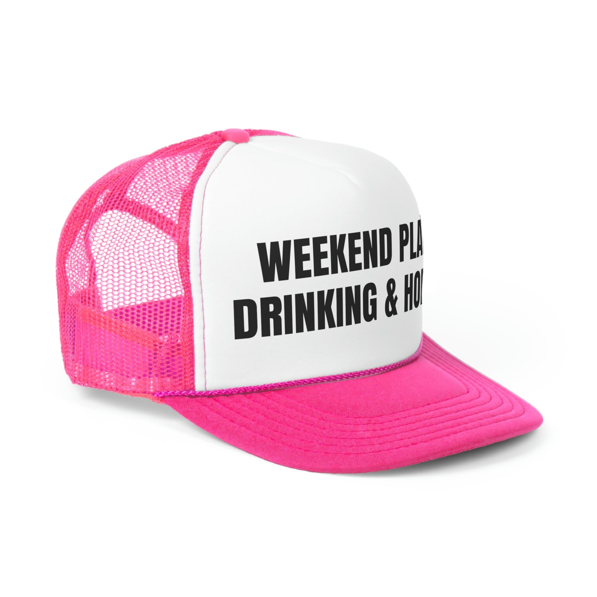 A stylish trucker hat featuring a humorous design that reads 'Weekend Plans Drinking And Hoeing', with a durable polyester front and breathable mesh back.