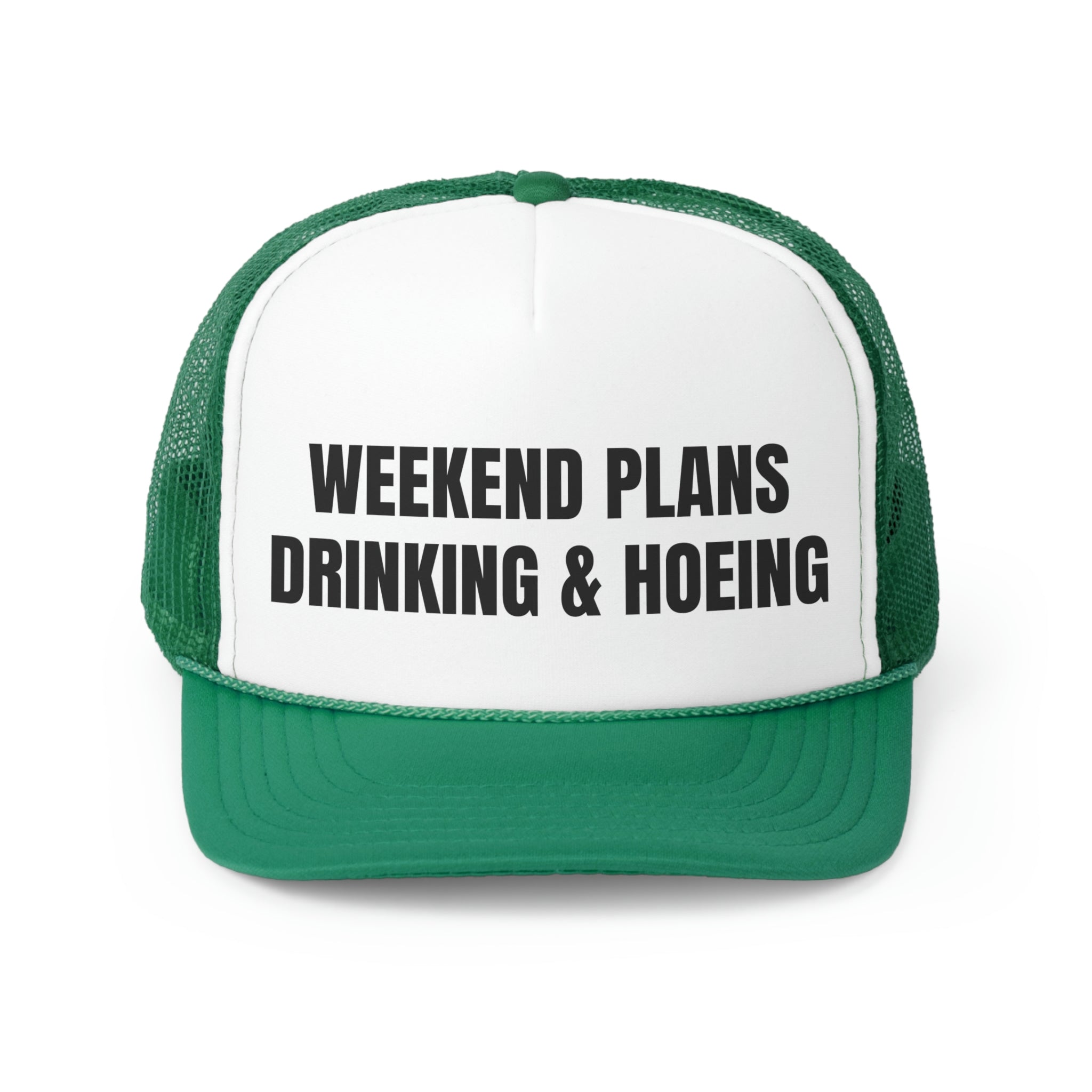 A stylish trucker hat featuring a humorous design that reads 'Weekend Plans Drinking And Hoeing', with a durable polyester front and breathable mesh back.