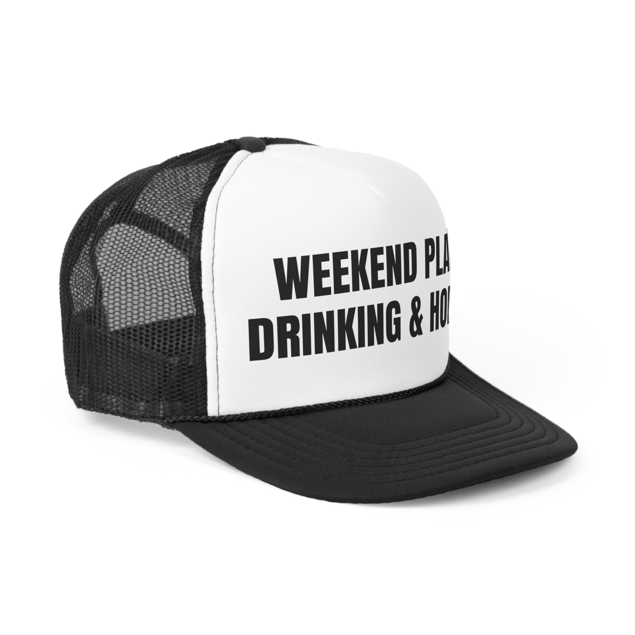 A stylish trucker hat featuring a humorous design that reads 'Weekend Plans Drinking And Hoeing', with a durable polyester front and breathable mesh back.