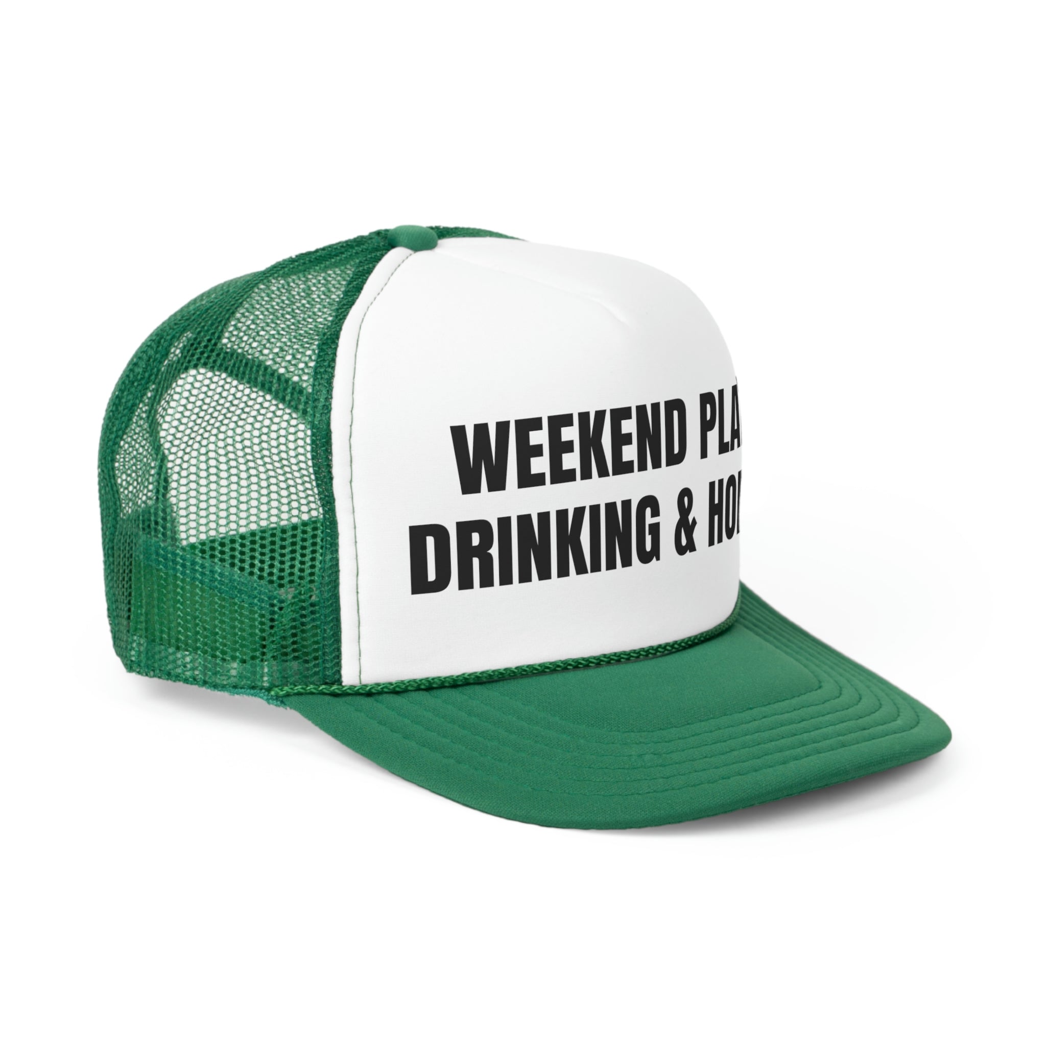 A stylish trucker hat featuring a humorous design that reads 'Weekend Plans Drinking And Hoeing', with a durable polyester front and breathable mesh back.