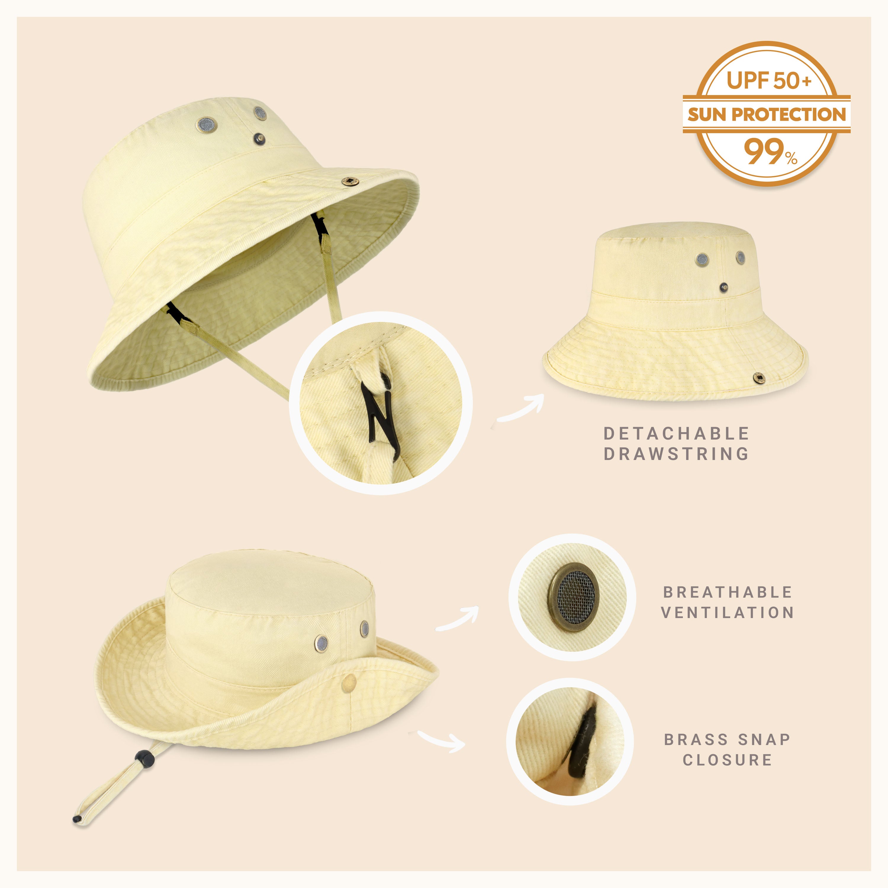 Wide Brim Bucket Hat made of soft cotton, featuring a flexible brim for comfort and UV protection, perfect for outdoor activities.