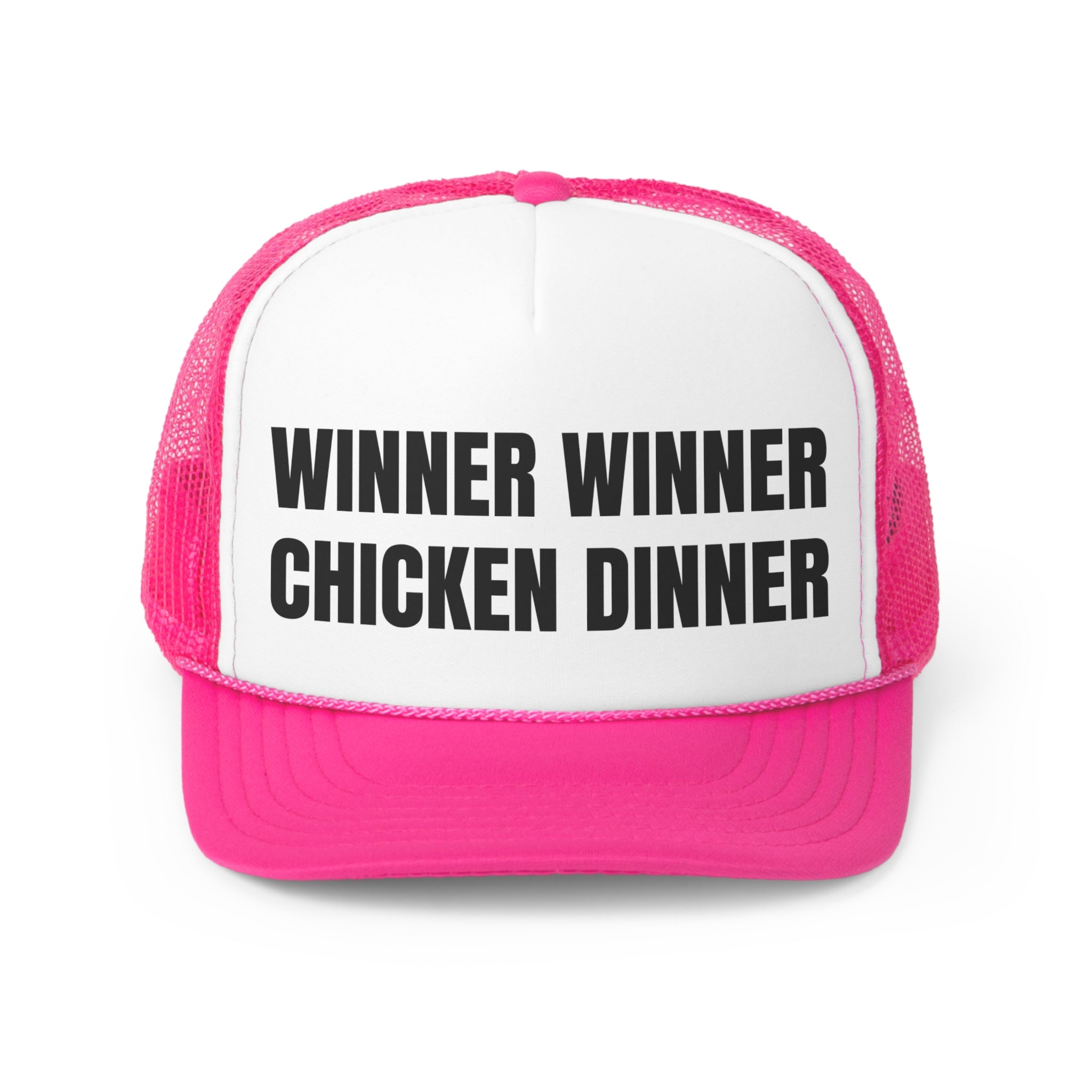 A funny trucker hat featuring the phrase 'Winner Winner Chicken Dinner' with a durable polyester front and breathable mesh back.