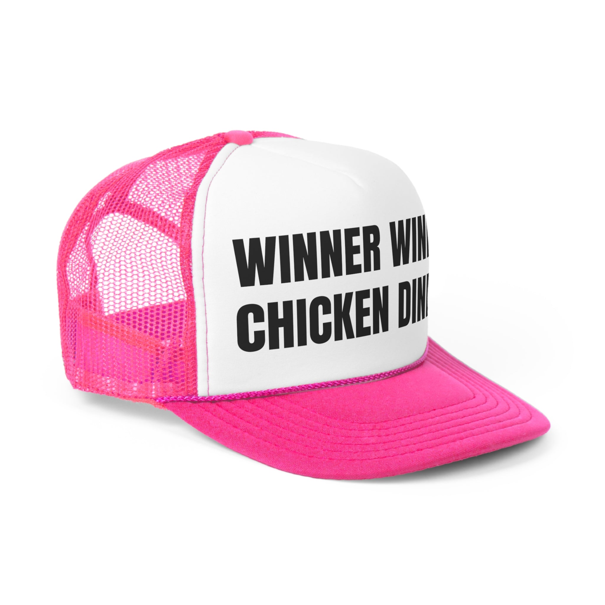 A funny trucker hat featuring the phrase 'Winner Winner Chicken Dinner' with a durable polyester front and breathable mesh back.