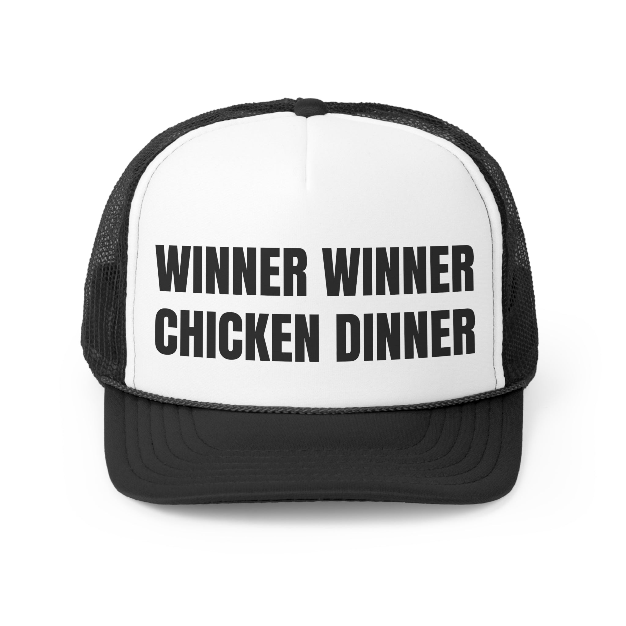 A funny trucker hat featuring the phrase 'Winner Winner Chicken Dinner' with a durable polyester front and breathable mesh back.