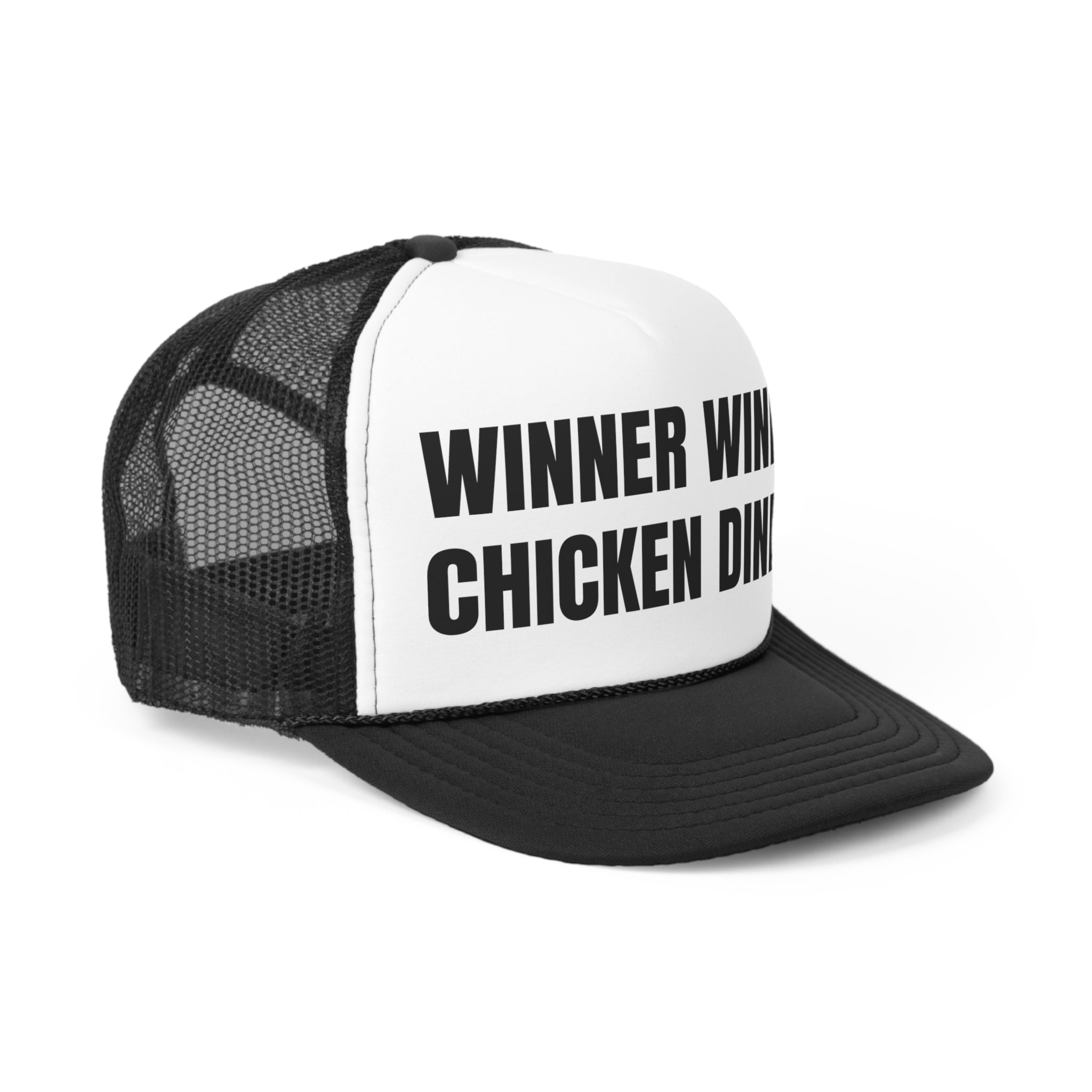 A funny trucker hat featuring the phrase 'Winner Winner Chicken Dinner' with a durable polyester front and breathable mesh back.