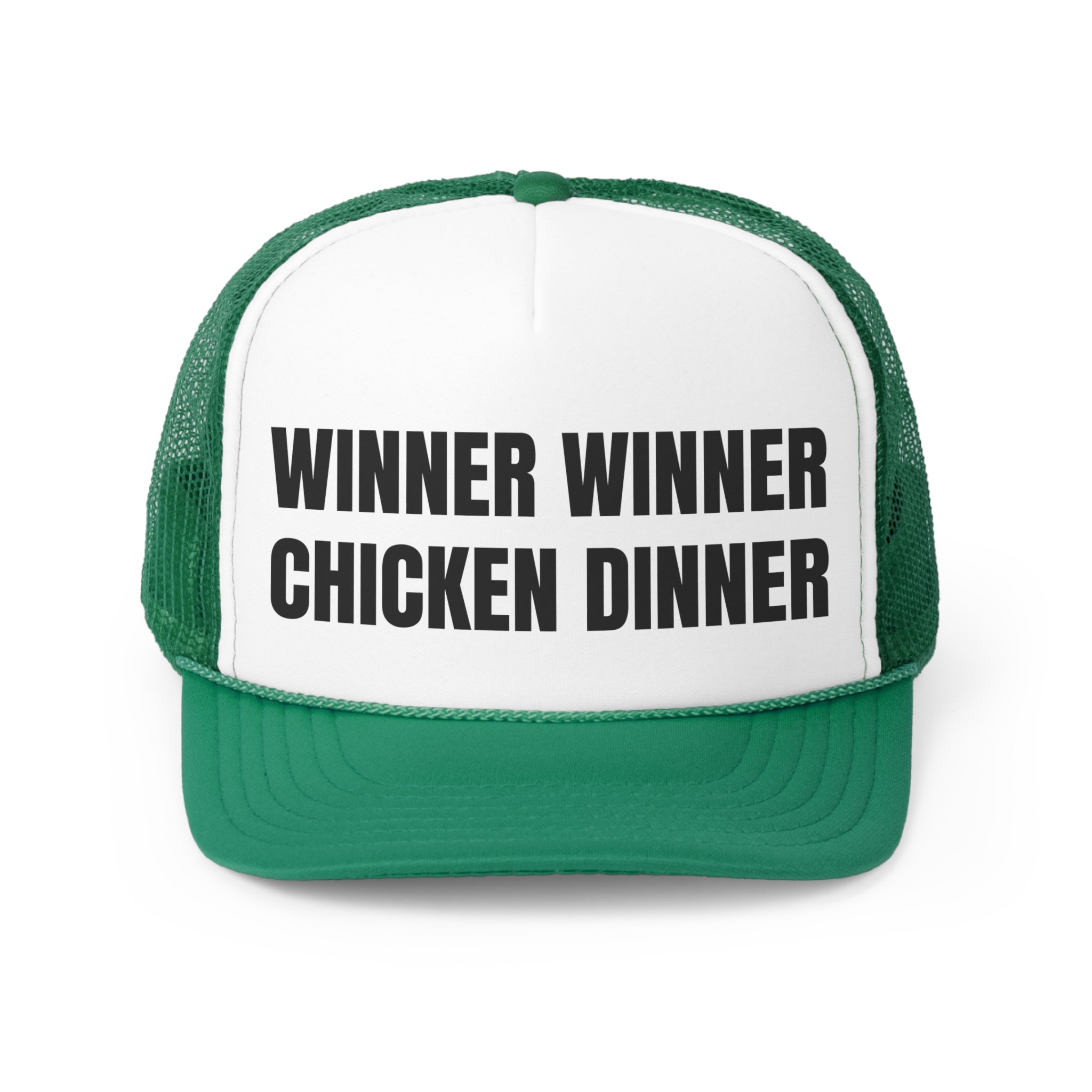 A funny trucker hat featuring the phrase 'Winner Winner Chicken Dinner' with a durable polyester front and breathable mesh back.