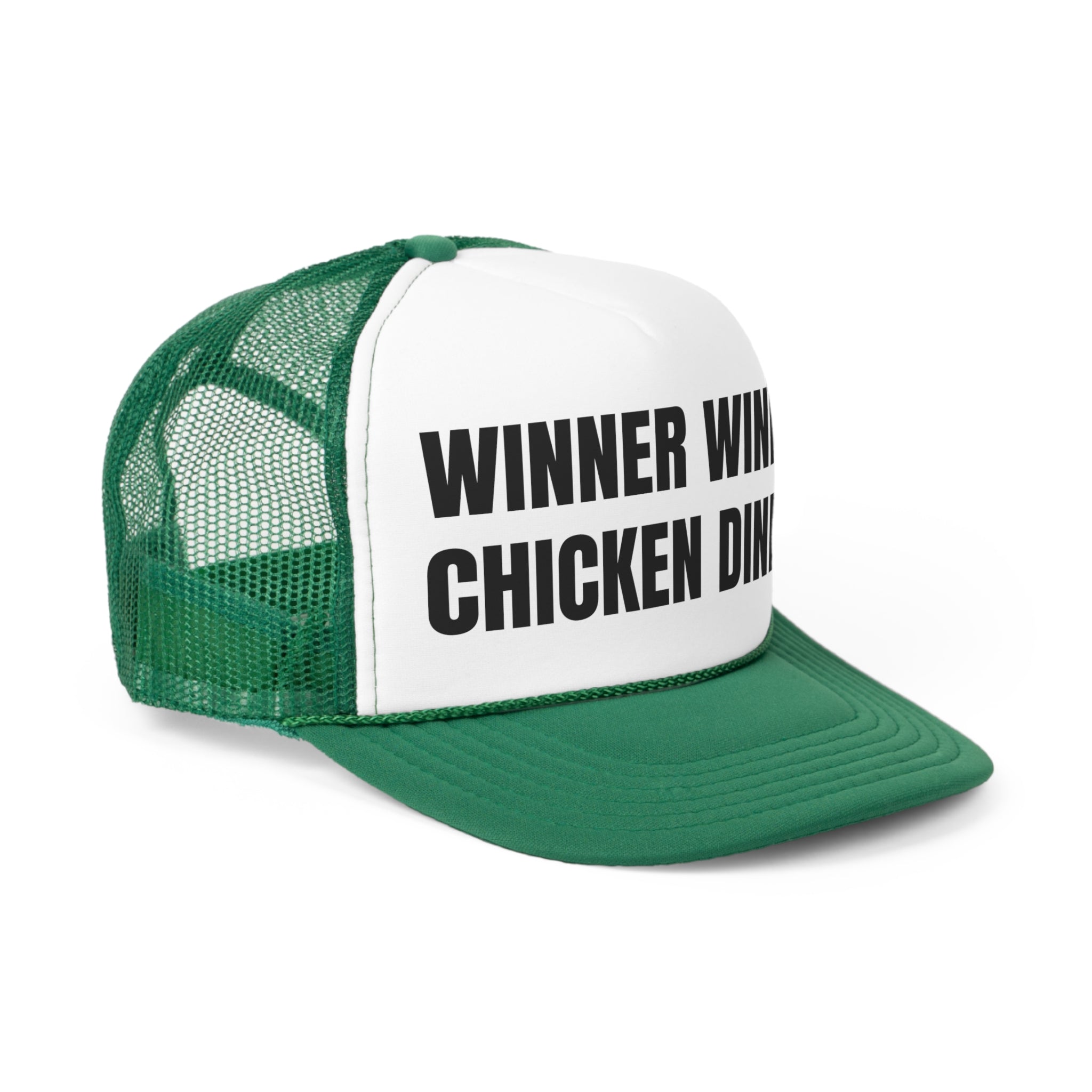 A funny trucker hat featuring the phrase 'Winner Winner Chicken Dinner' with a durable polyester front and breathable mesh back.