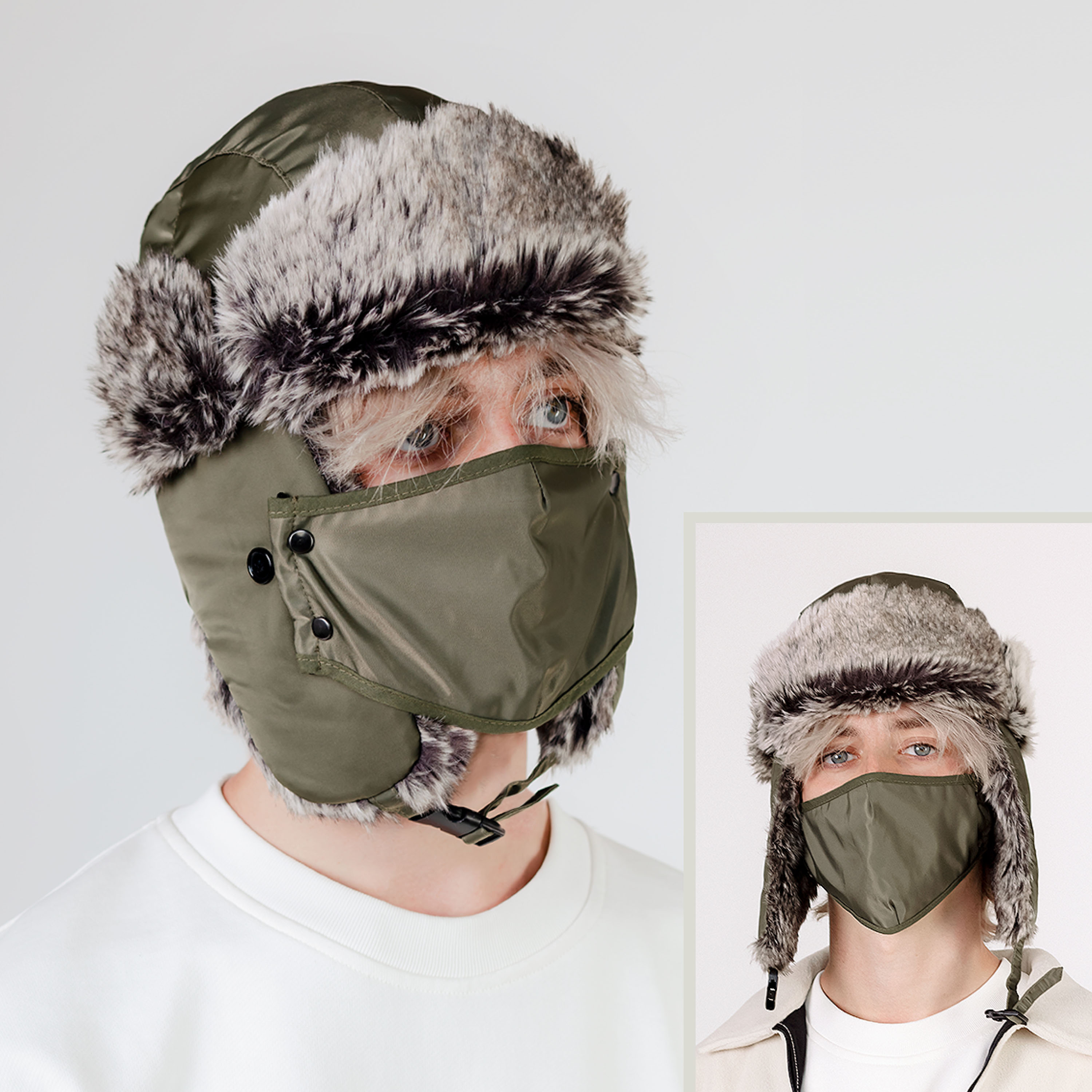 A cozy Winter Trapper Hat with a detachable mask, made from water-resistant polyester, perfect for winter outdoor activities.