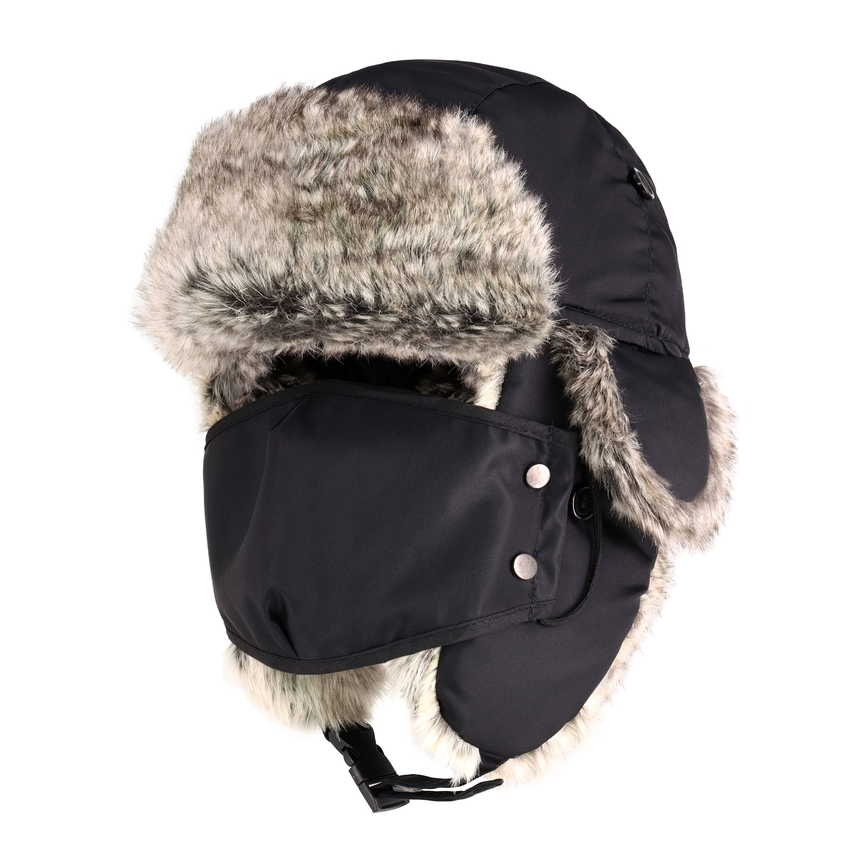 A cozy Winter Trapper Hat with a detachable mask, made from water-resistant polyester, perfect for winter outdoor activities.