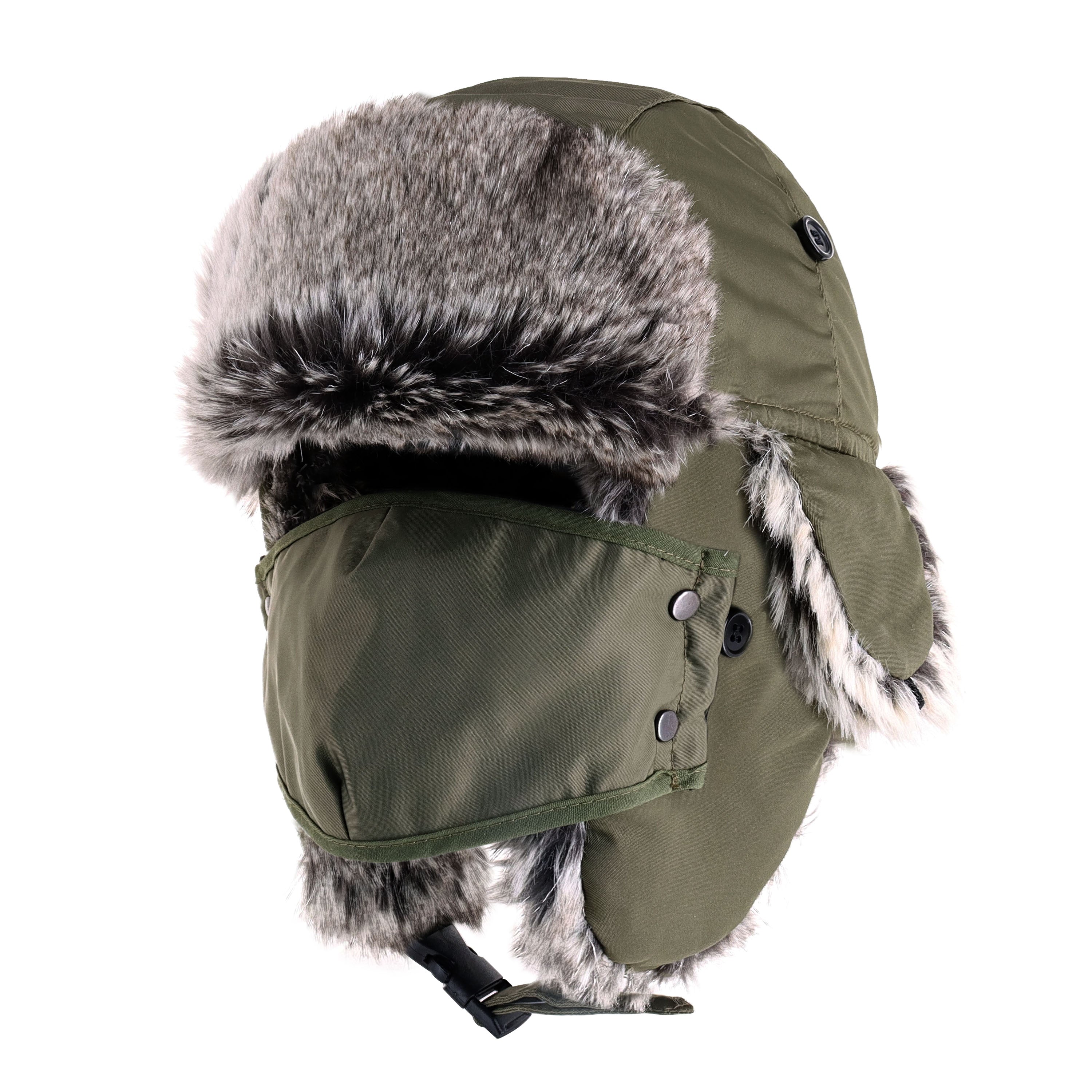 A cozy Winter Trapper Hat with a detachable mask, made from water-resistant polyester, perfect for winter outdoor activities.