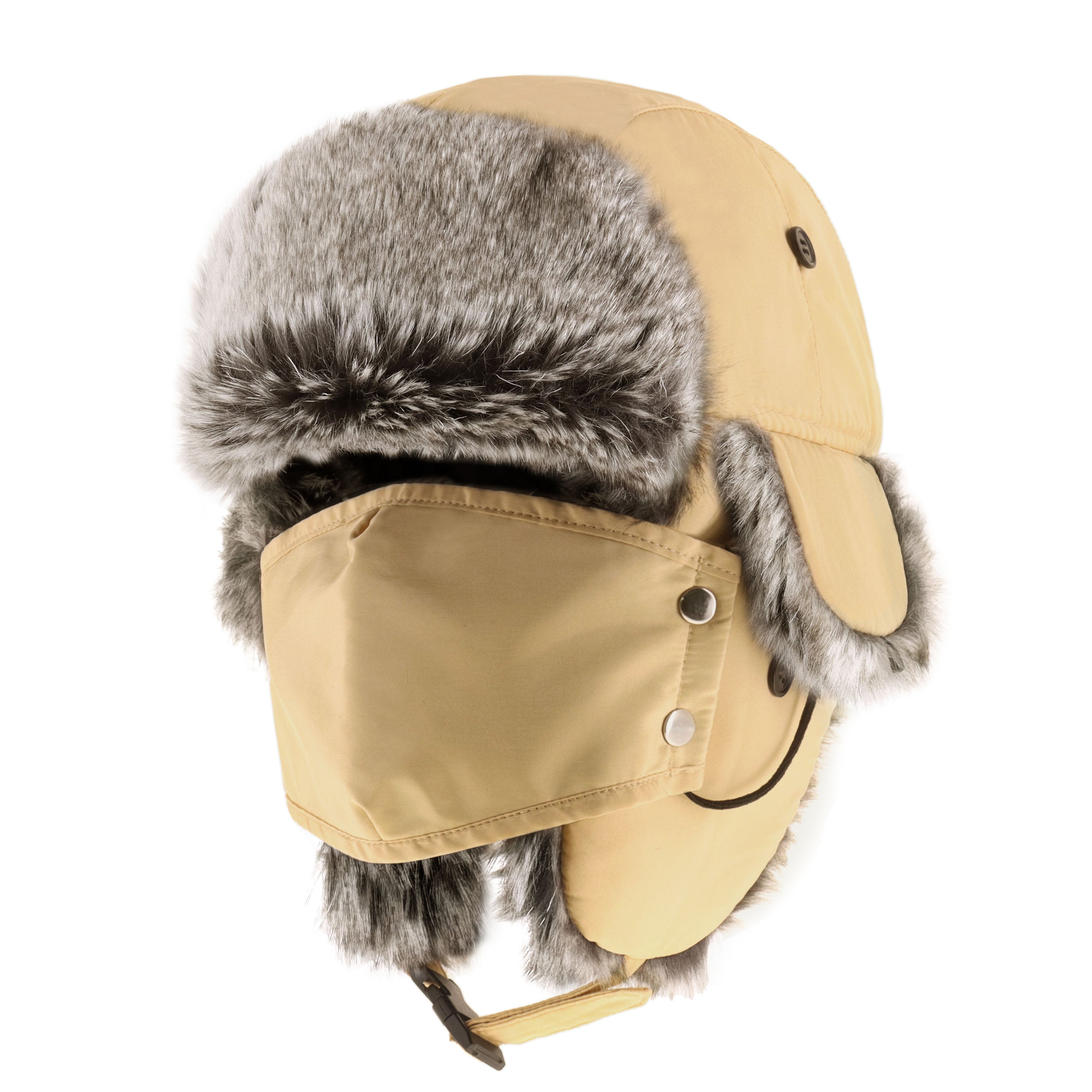 A cozy Winter Trapper Hat with a detachable mask, made from water-resistant polyester, perfect for winter outdoor activities.