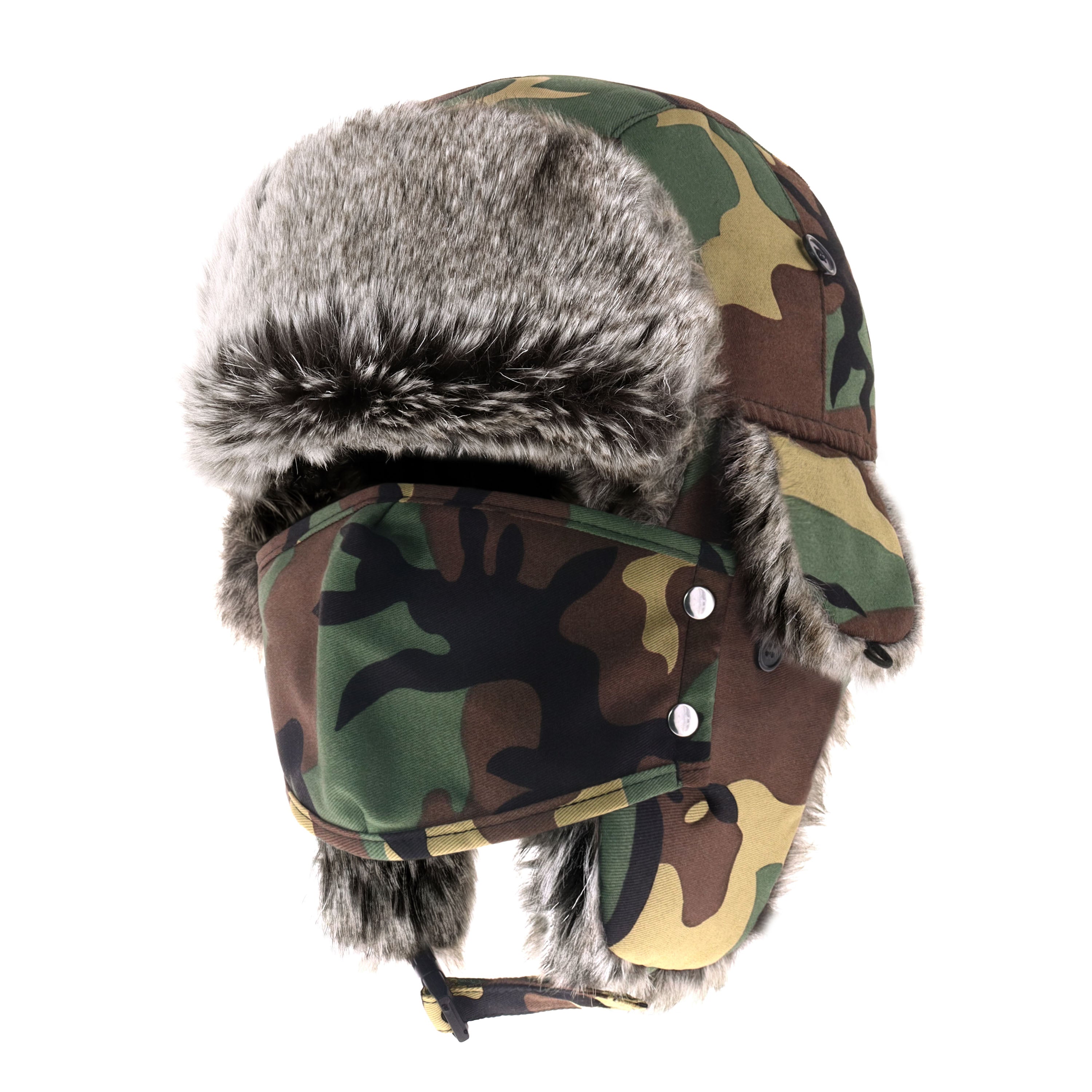 A cozy Winter Trapper Hat with a detachable mask, made from water-resistant polyester, perfect for winter outdoor activities.