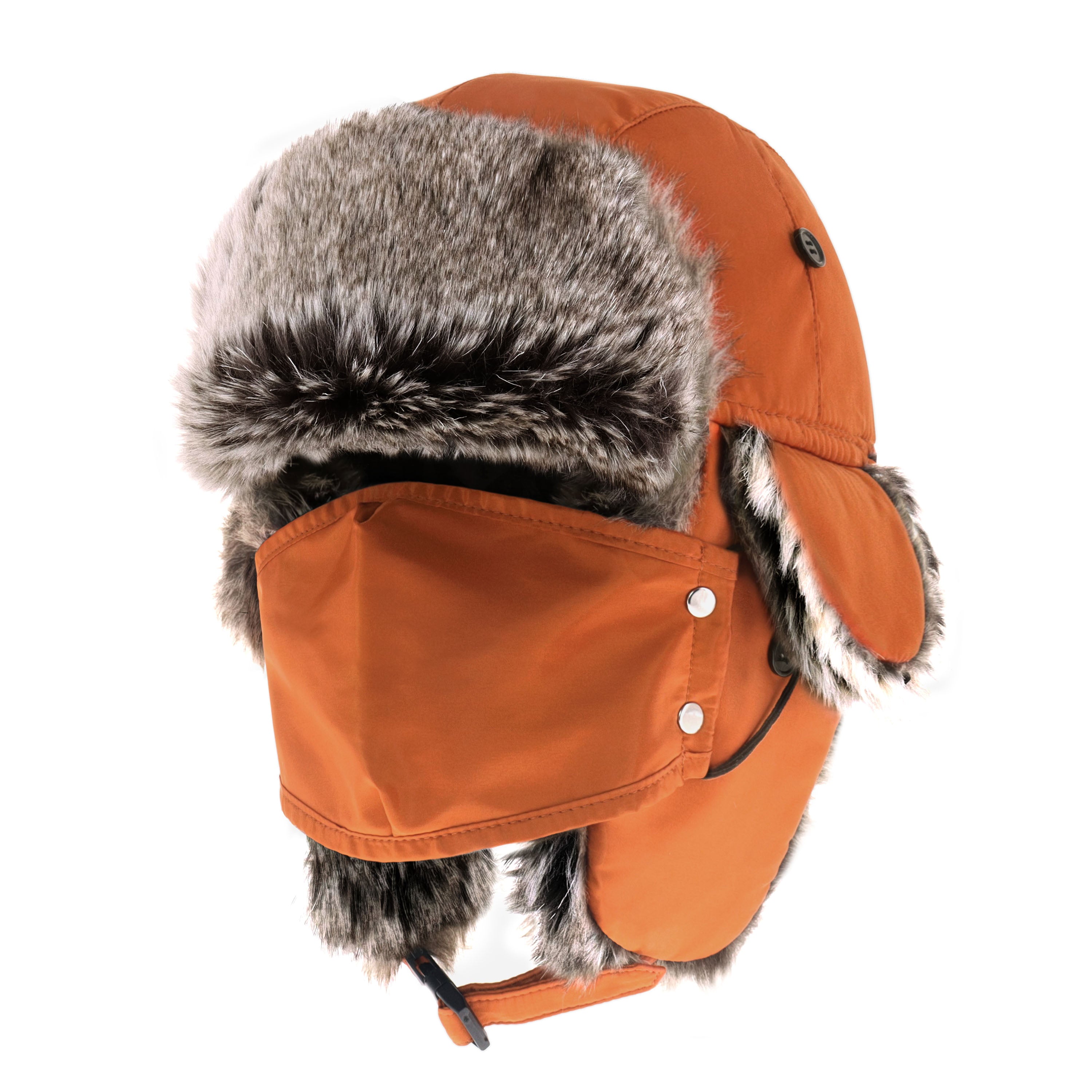 A cozy Winter Trapper Hat with a detachable mask, made from water-resistant polyester, perfect for winter outdoor activities.