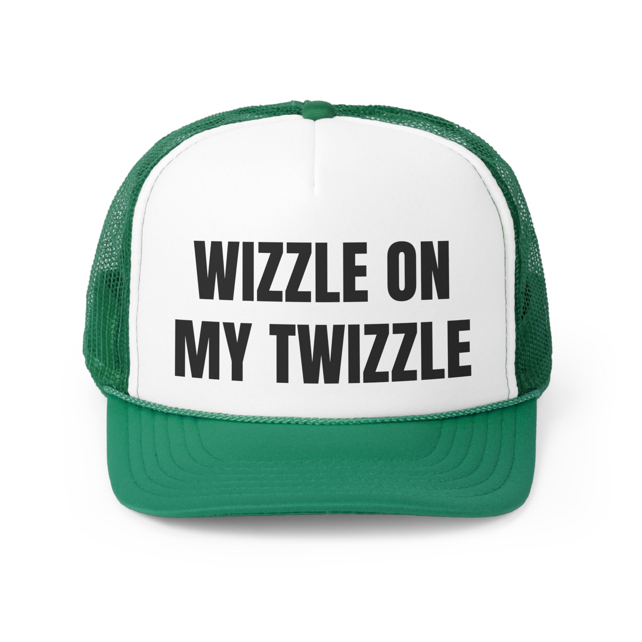 Wizzle On My Twizzle Funny Trucker Hat featuring a humorous design with a comfortable fit.