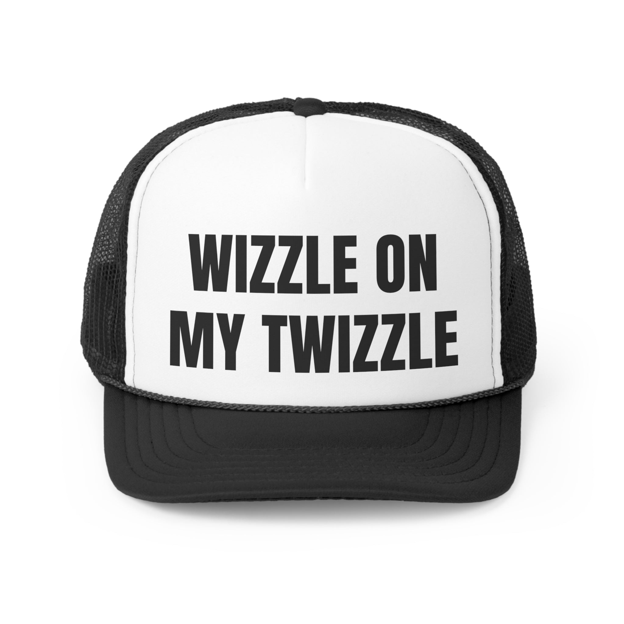 Wizzle On My Twizzle Funny Trucker Hat featuring a humorous design with a comfortable fit.