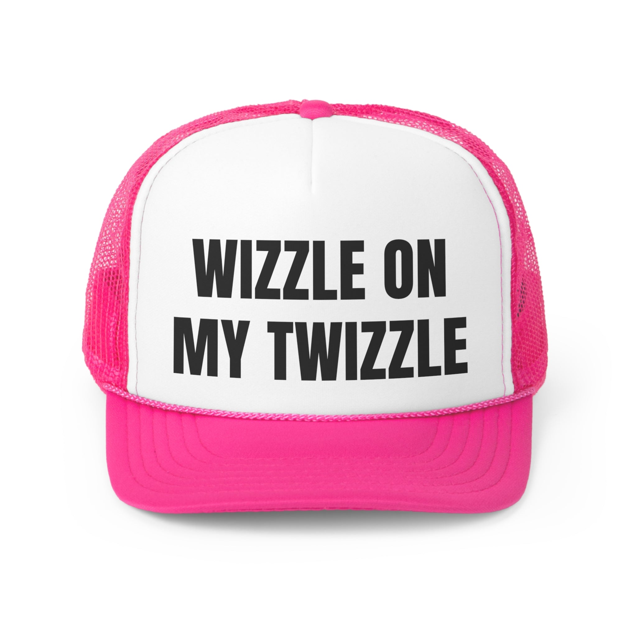 Wizzle On My Twizzle Funny Trucker Hat featuring a humorous design with a comfortable fit.